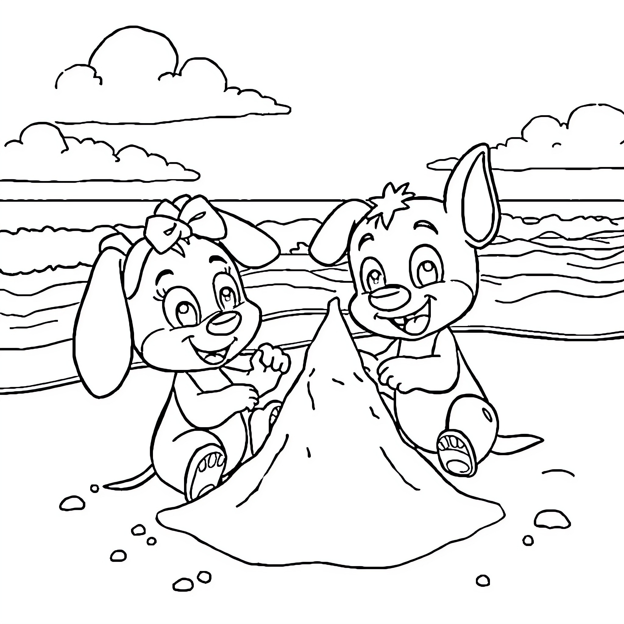 Bluey and Bingo playing on the beach Coloring Page (free black-and-white line drawing printable PDF for all, from beginners to advanced learners, including children, teens, adults, and seniors)