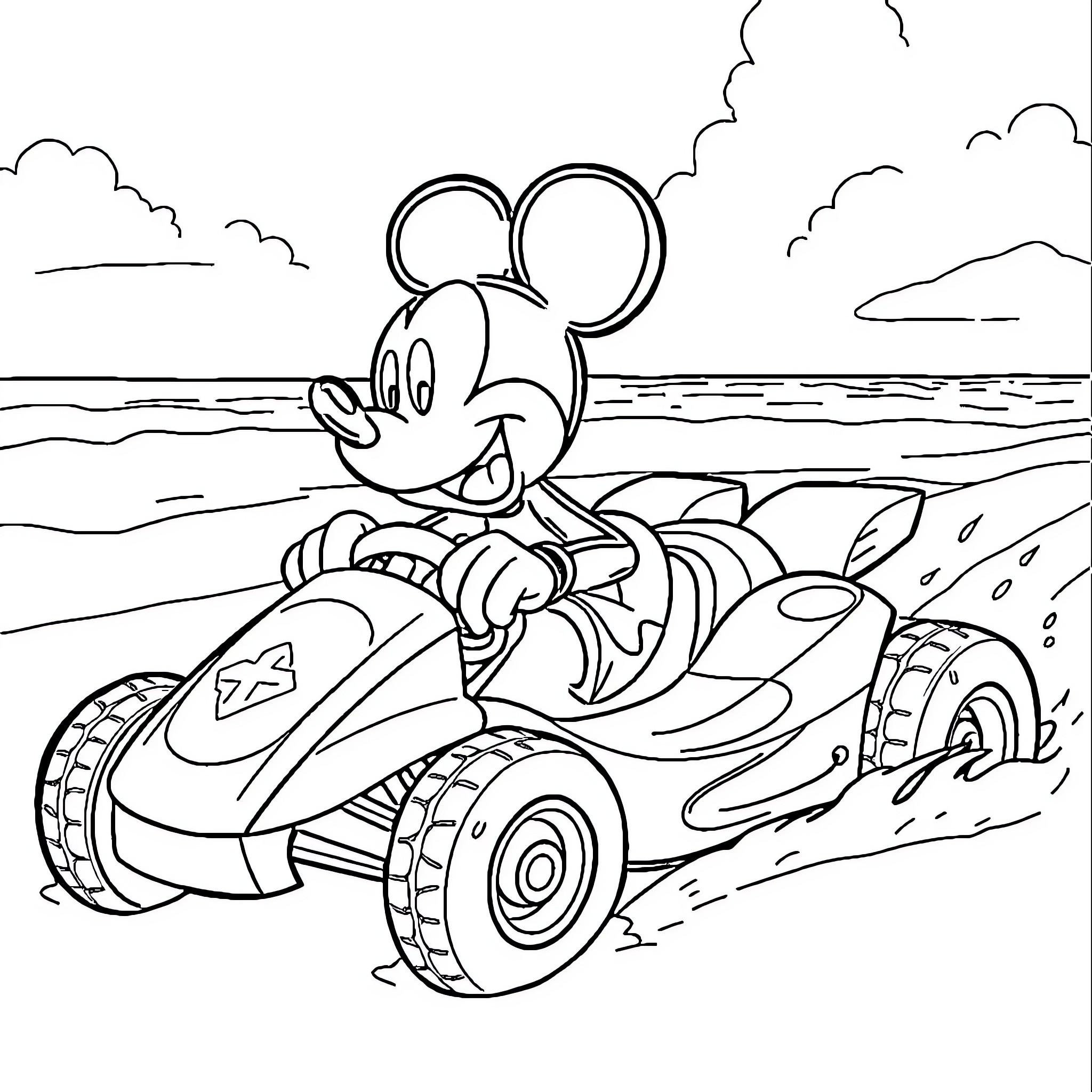 Mickey Mouse Racing in a Buggy Adventure Coloring Page (free black-and-white line drawing printable PDF for all, from beginners to advanced learners, including children, teens, adults, and seniors)