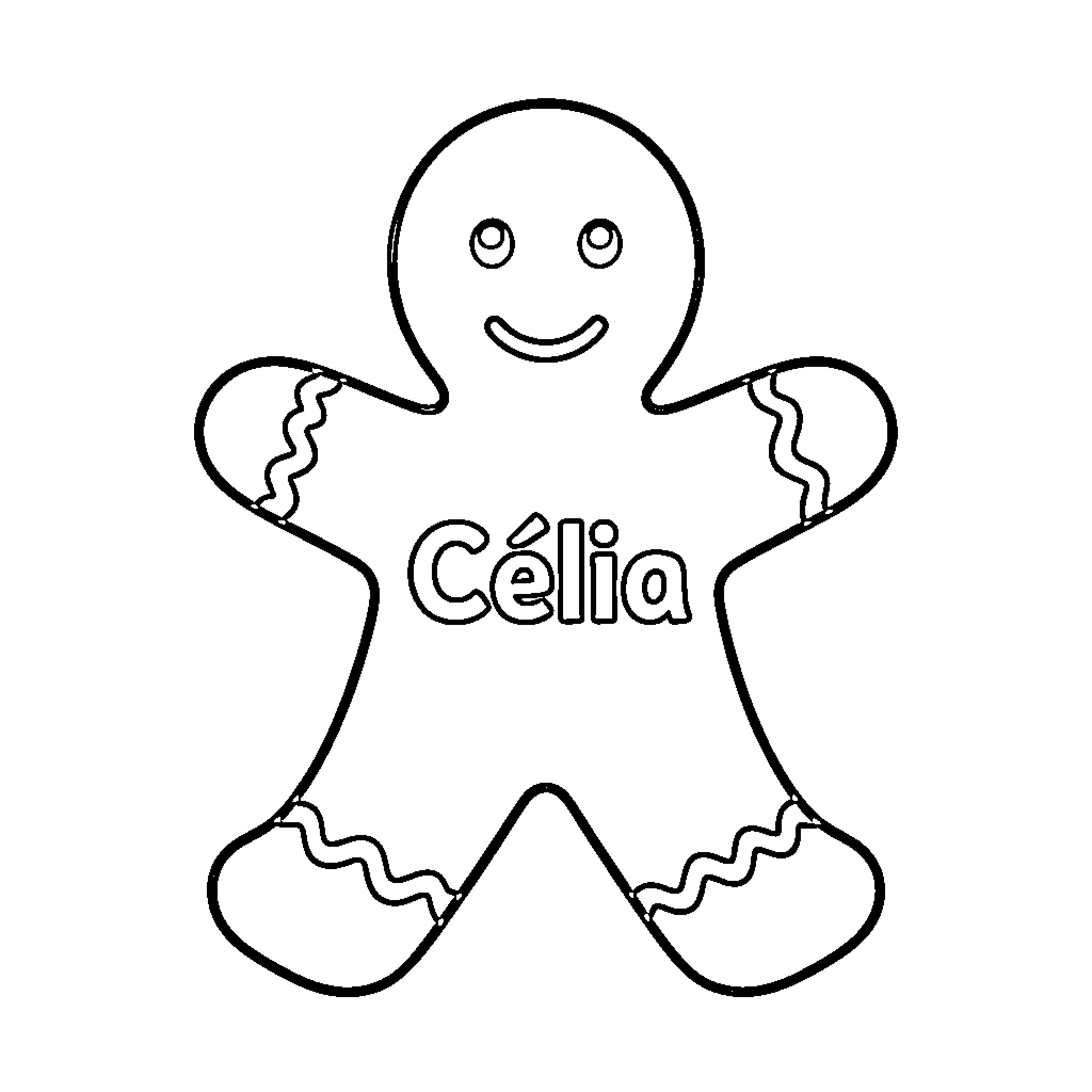 Gingerbread Man smiling with a name on chest Coloring Page (free black-and-white line drawing printable PDF for all, from beginners to advanced learners, including children, teens, adults, and seniors)