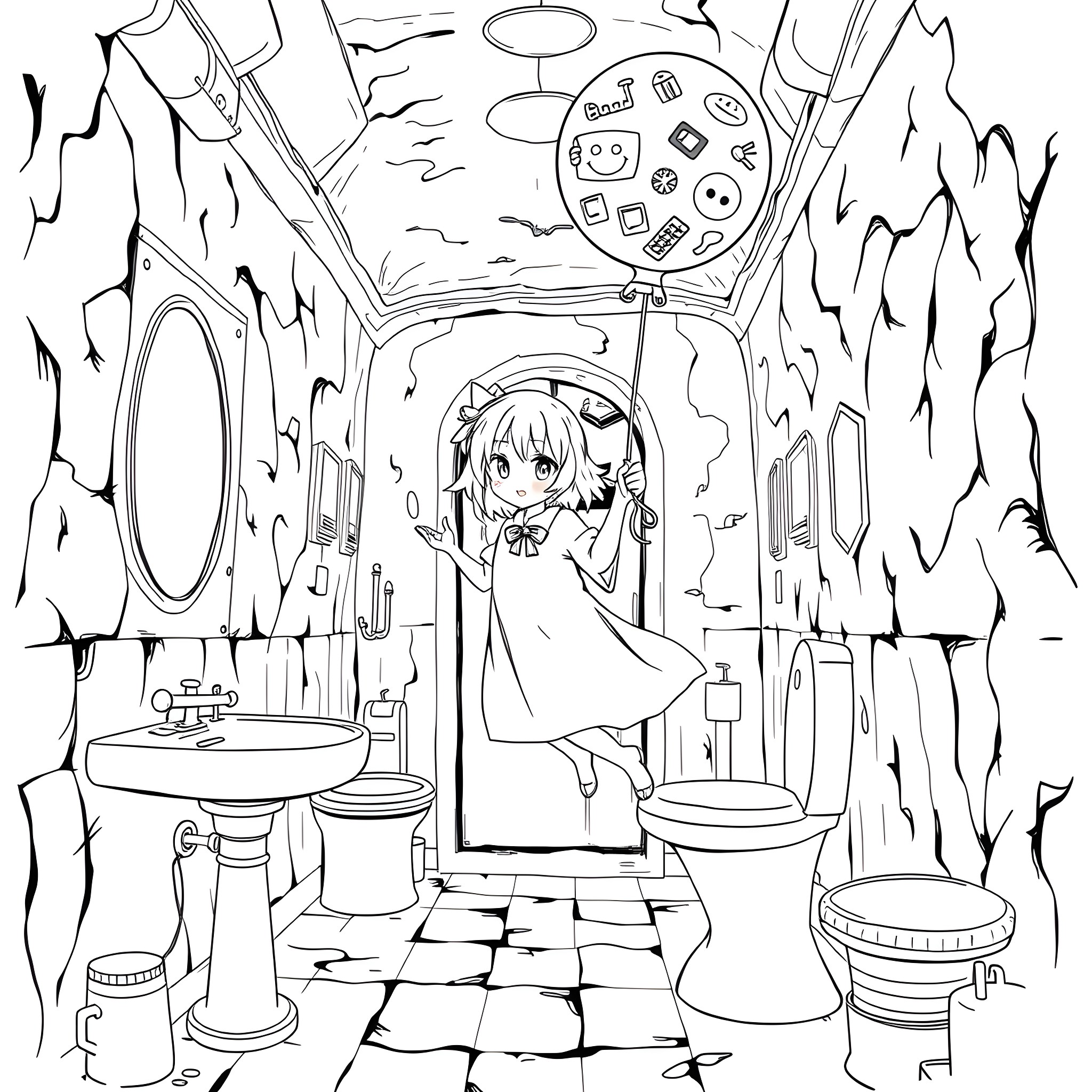 Hanako's Whimsical Bathroom Exploration Coloring Page (free black-and-white line drawing printable PDF for all, from beginners to advanced learners, including children, teens, adults, and seniors)