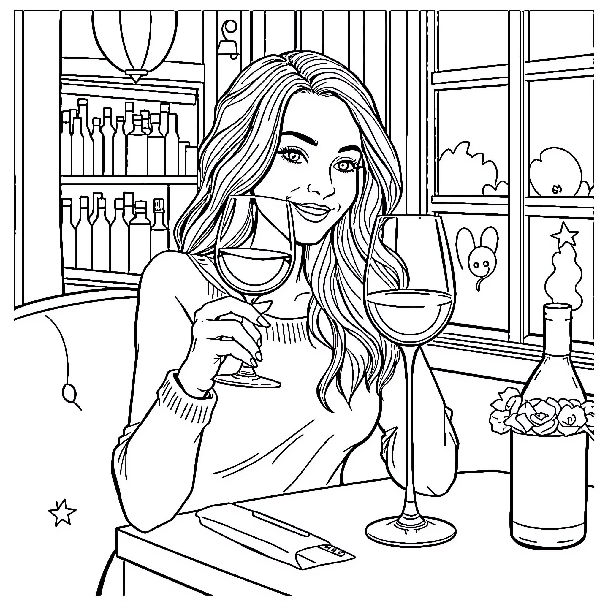 Woman enjoying a glass of wine in a cozy cafe Coloring Page (free black-and-white line drawing printable PDF for all, from beginners to advanced learners, including children, teens, adults, and seniors)