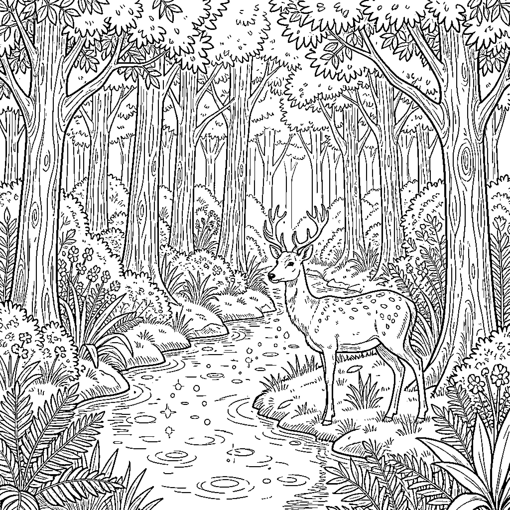 Deer walking along a tranquil forest path Coloring Page (free black-and-white line drawing printable PDF for all, from beginners to advanced learners, including children, teens, adults, and seniors)