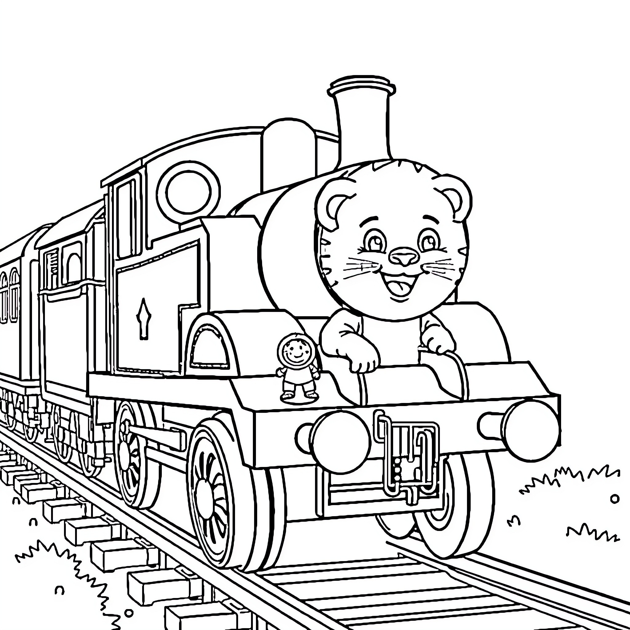 Daniel Tiger riding a playful locomotive train Coloring Page (free black-and-white line drawing printable PDF for all, from beginners to advanced learners, including children, teens, adults, and seniors)