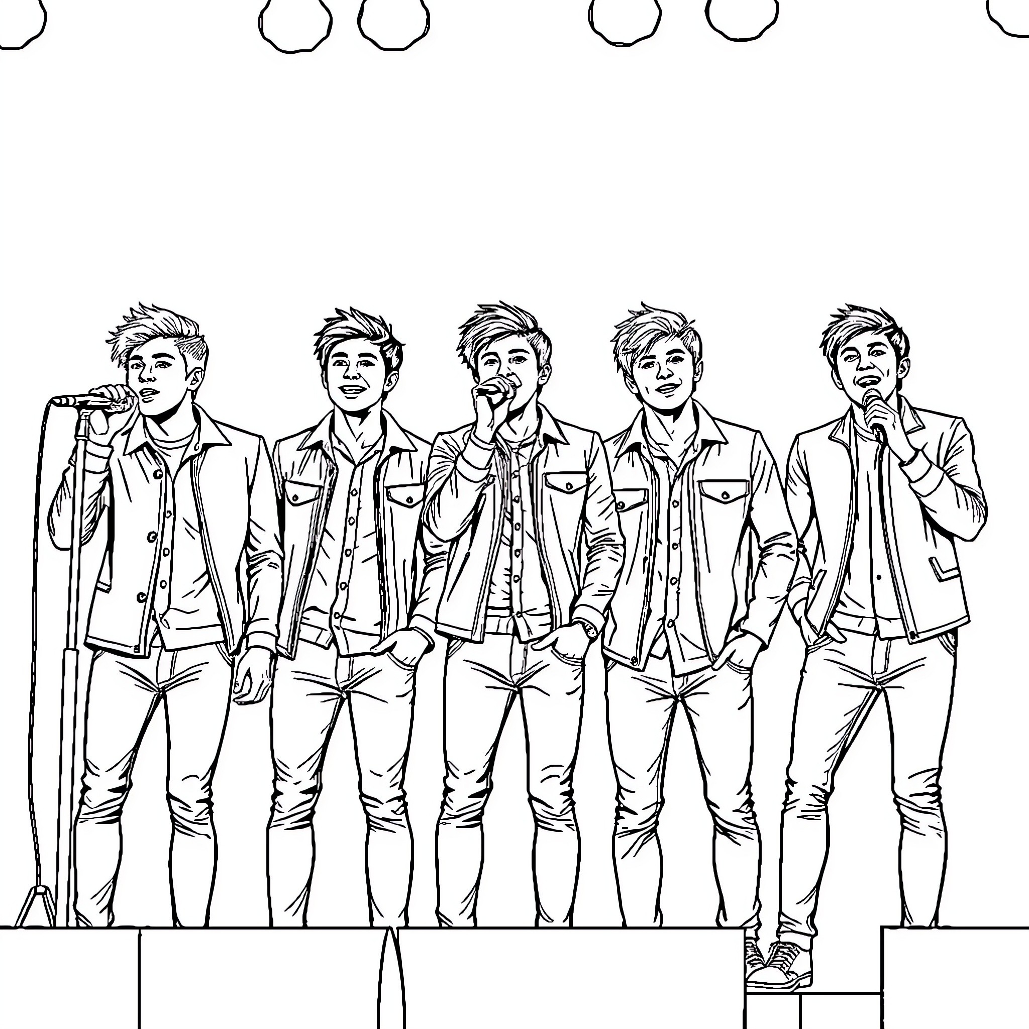 One Direction Performing on Stage Coloring Page (free black-and-white line drawing printable PDF for all, from beginners to advanced learners, including children, teens, adults, and seniors)