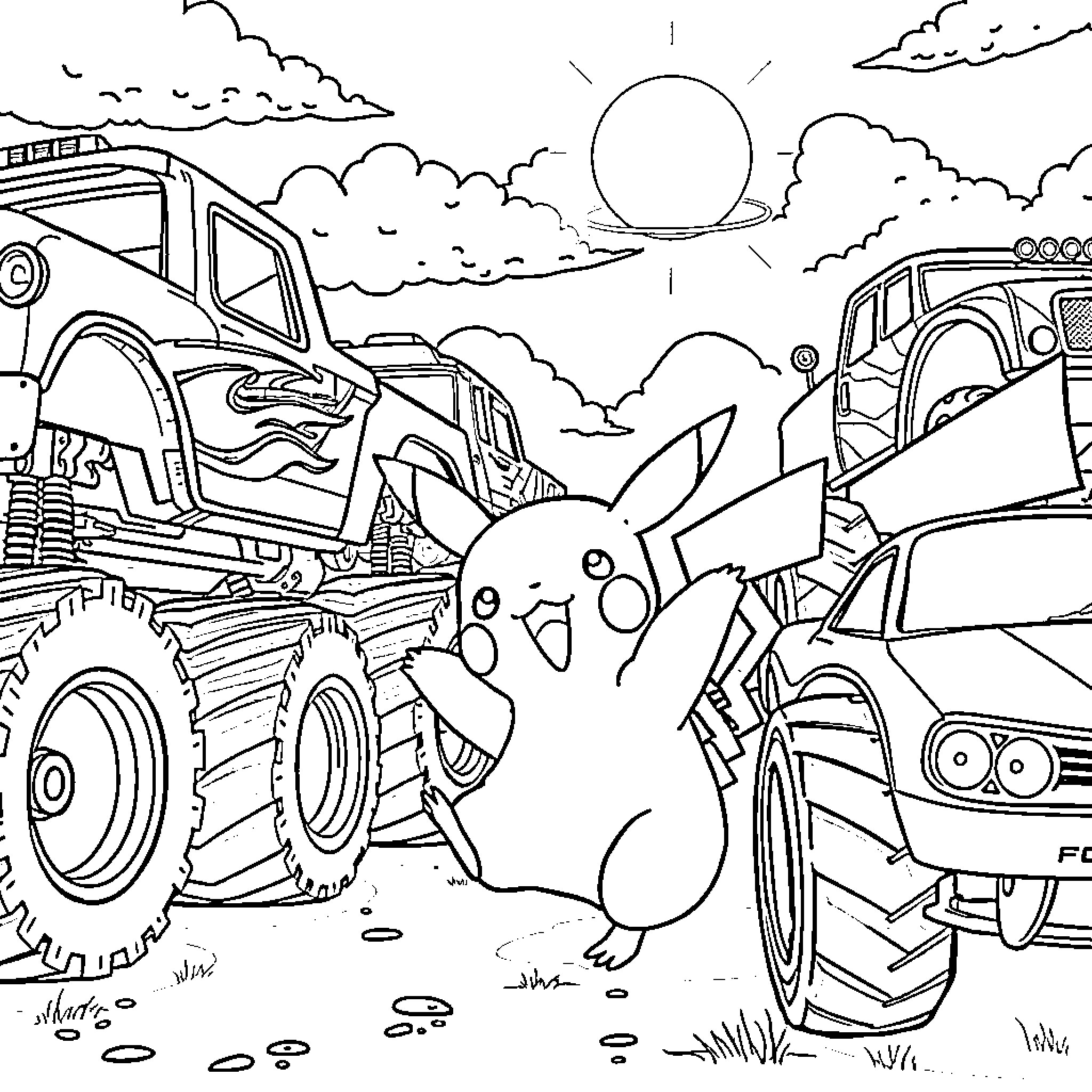 Pikachu exploring the off-road adventure Coloring Page (free black-and-white line drawing printable PDF for all, from beginners to advanced learners, including children, teens, adults, and seniors)