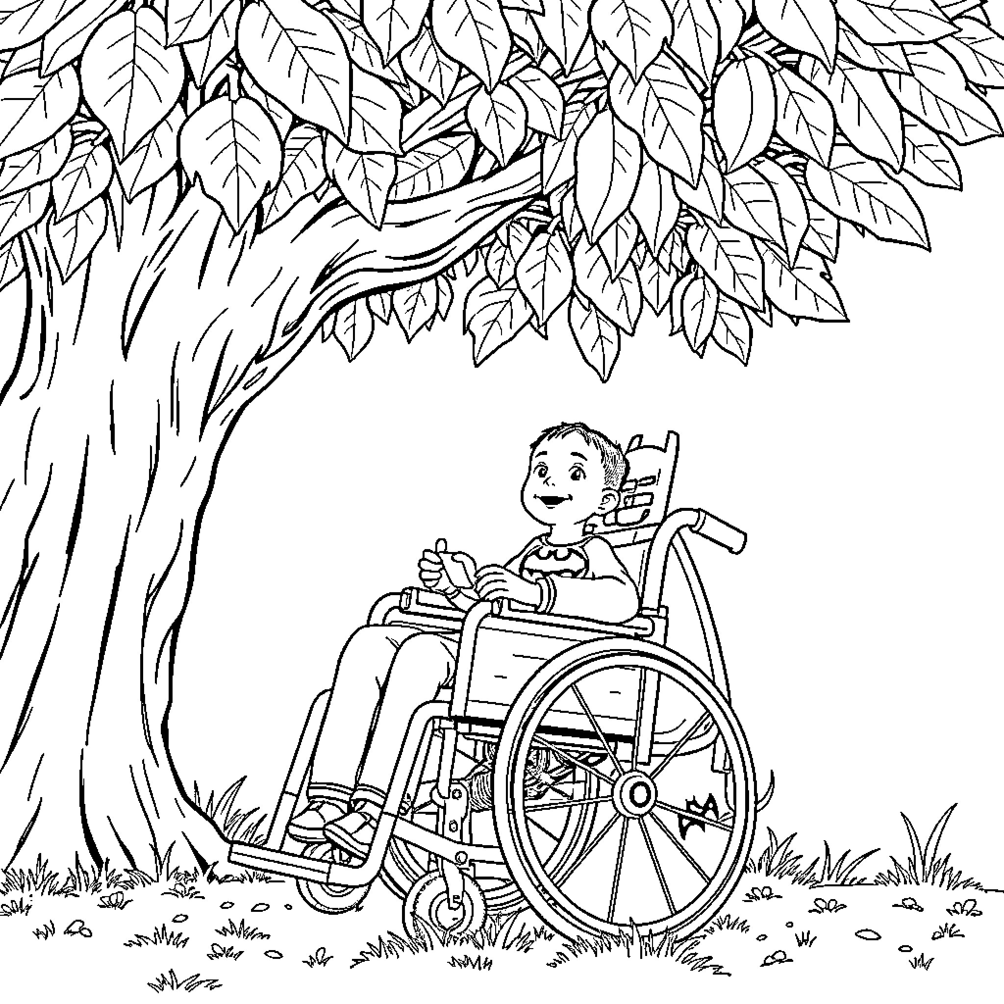 Boy in wheelchair exploring nature under tree Coloring Page (free black-and-white line drawing printable PDF for all, from beginners to advanced learners, including children, teens, adults, and seniors)
