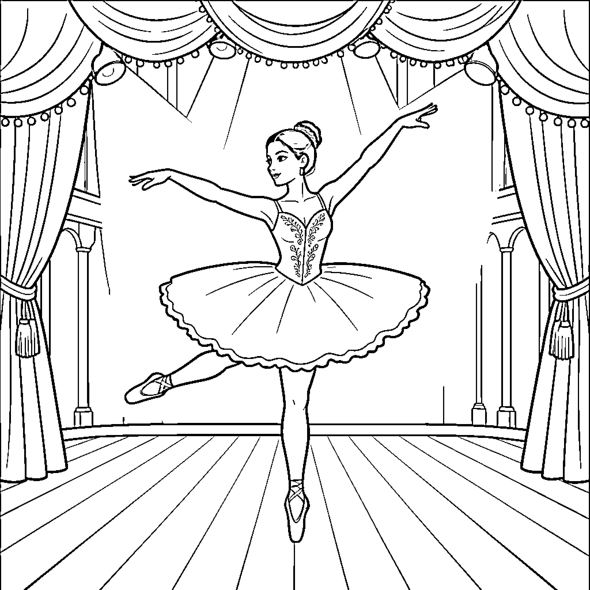 Ballerina performs graceful dance on stage Coloring Page (free black-and-white line drawing printable PDF for all, from beginners to advanced learners, including children, teens, adults, and seniors)