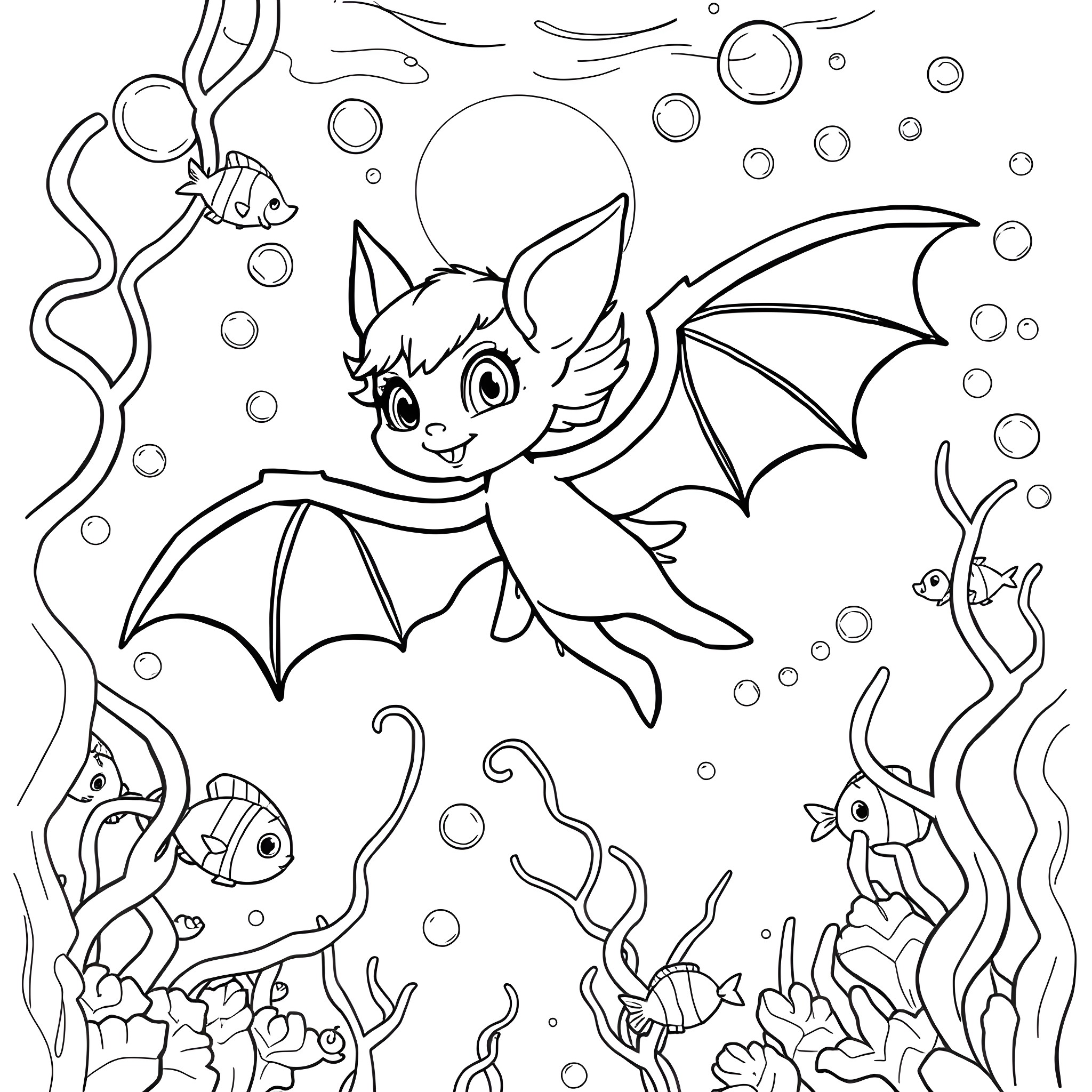 Bat Girl flying underwater with marine life Coloring Page (free black-and-white line drawing printable PDF for all, from beginners to advanced learners, including children, teens, adults, and seniors)