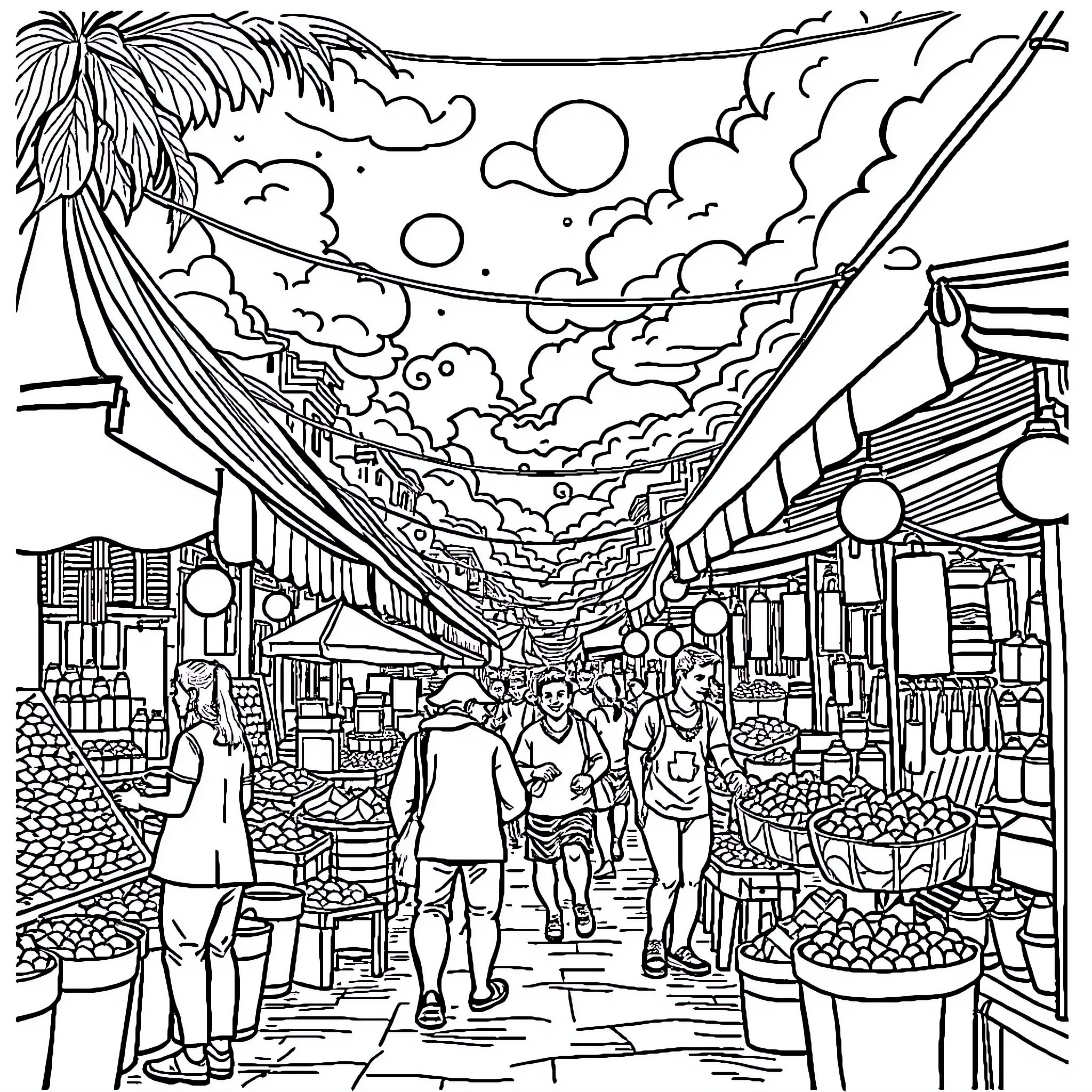 Kamiro Bustling Street Scene with Lanterns and Crowds Coloring Page (free black-and-white line drawing printable PDF for all, from beginners to advanced learners, including children, teens, adults, and seniors)