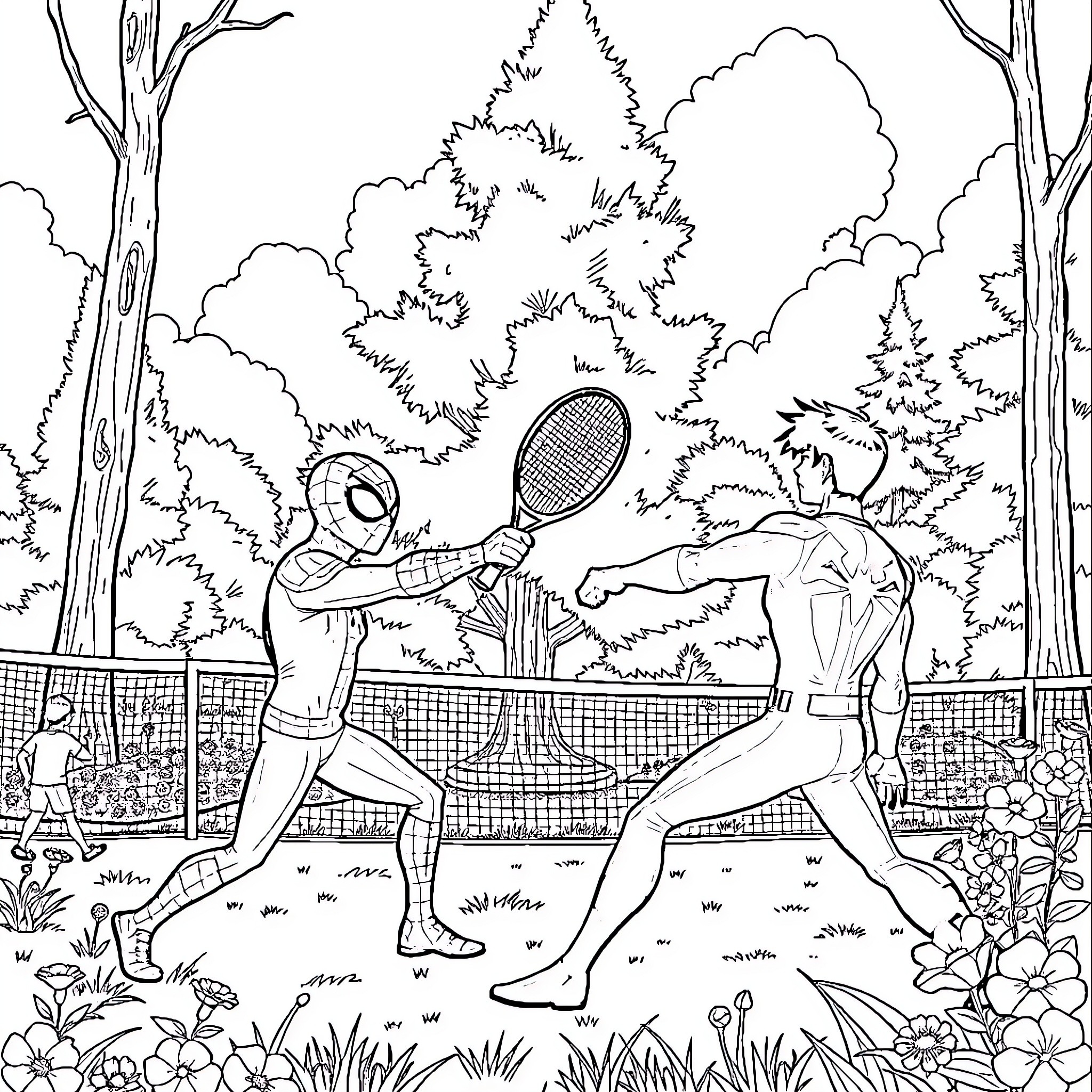 Spiderman tennis match in the park Coloring Page (free black-and-white line drawing printable PDF for all, from beginners to advanced learners, including children, teens, adults, and seniors)