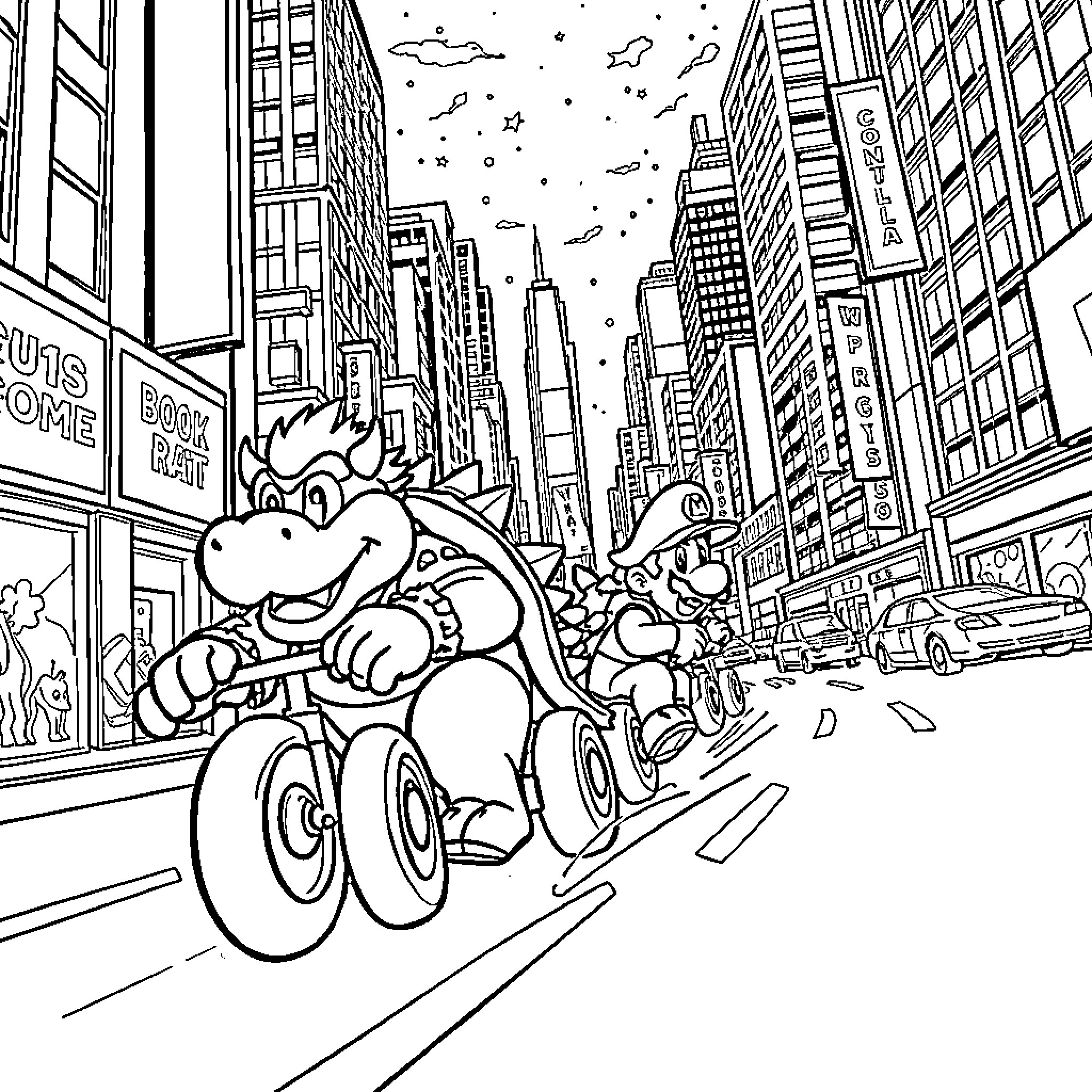 Bowser's Exhilarating Kart Race Through the City Coloring Page (free black-and-white line drawing printable PDF for all, from beginners to advanced learners, including children, teens, adults, and seniors)