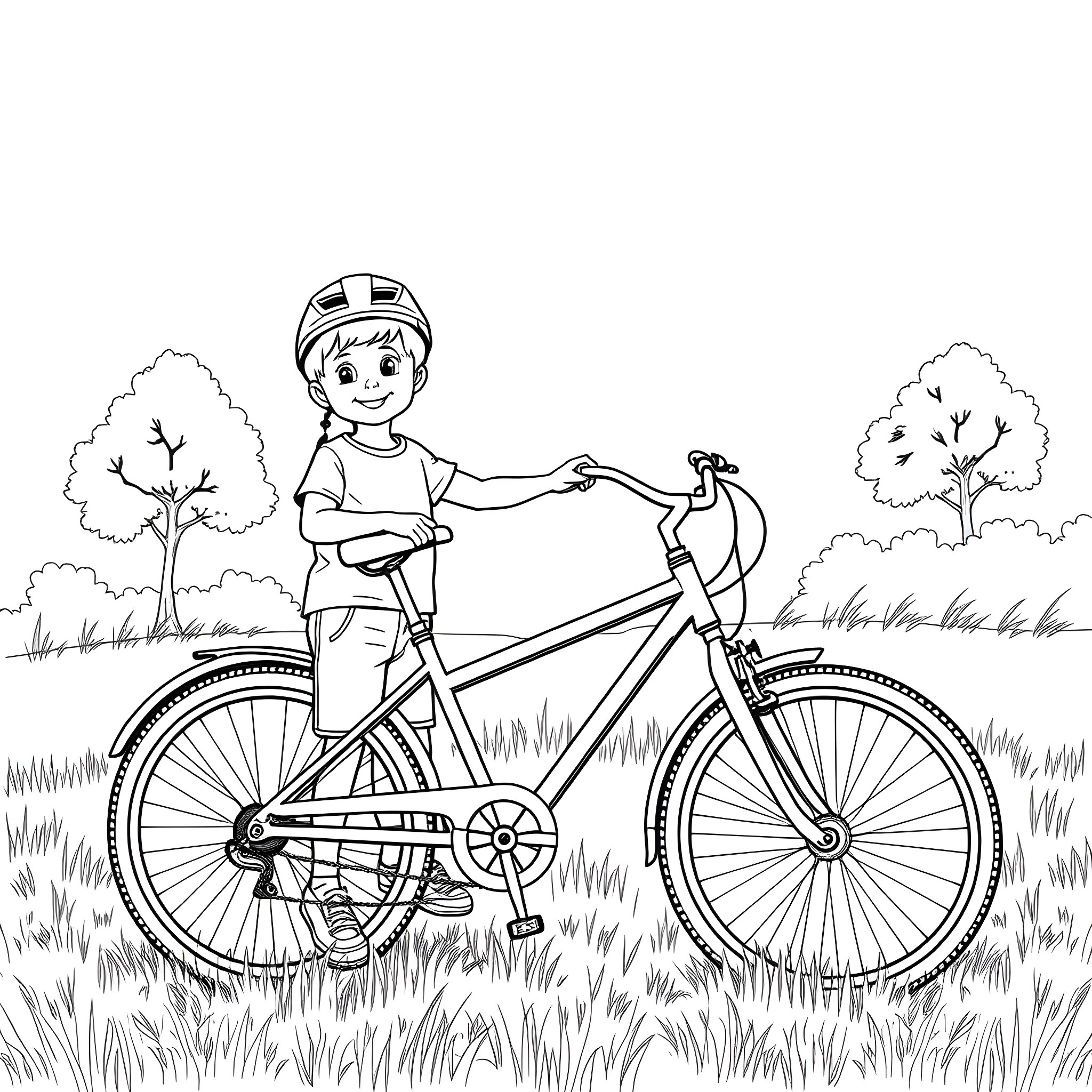 Child riding a bicycle in the park Coloring Page (free black-and-white line drawing printable PDF for all, from beginners to advanced learners, including children, teens, adults, and seniors)
