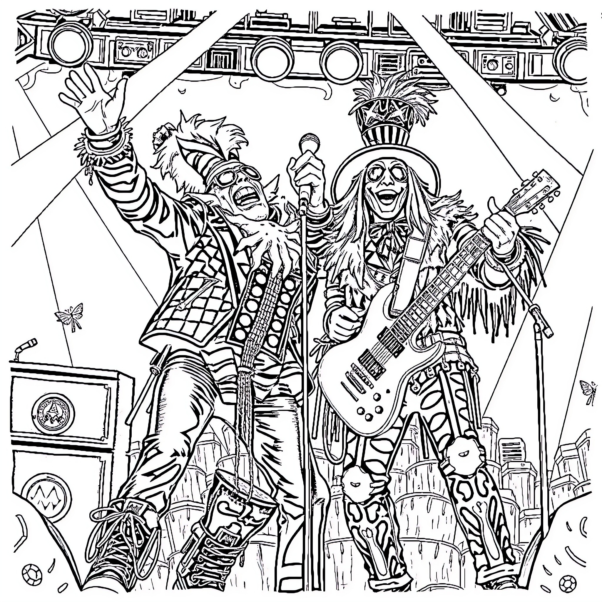 Twiztid: Rocking Out in Vibrant Chaos Coloring Page (free black-and-white line drawing printable PDF for all, from beginners to advanced learners, including children, teens, adults, and seniors)