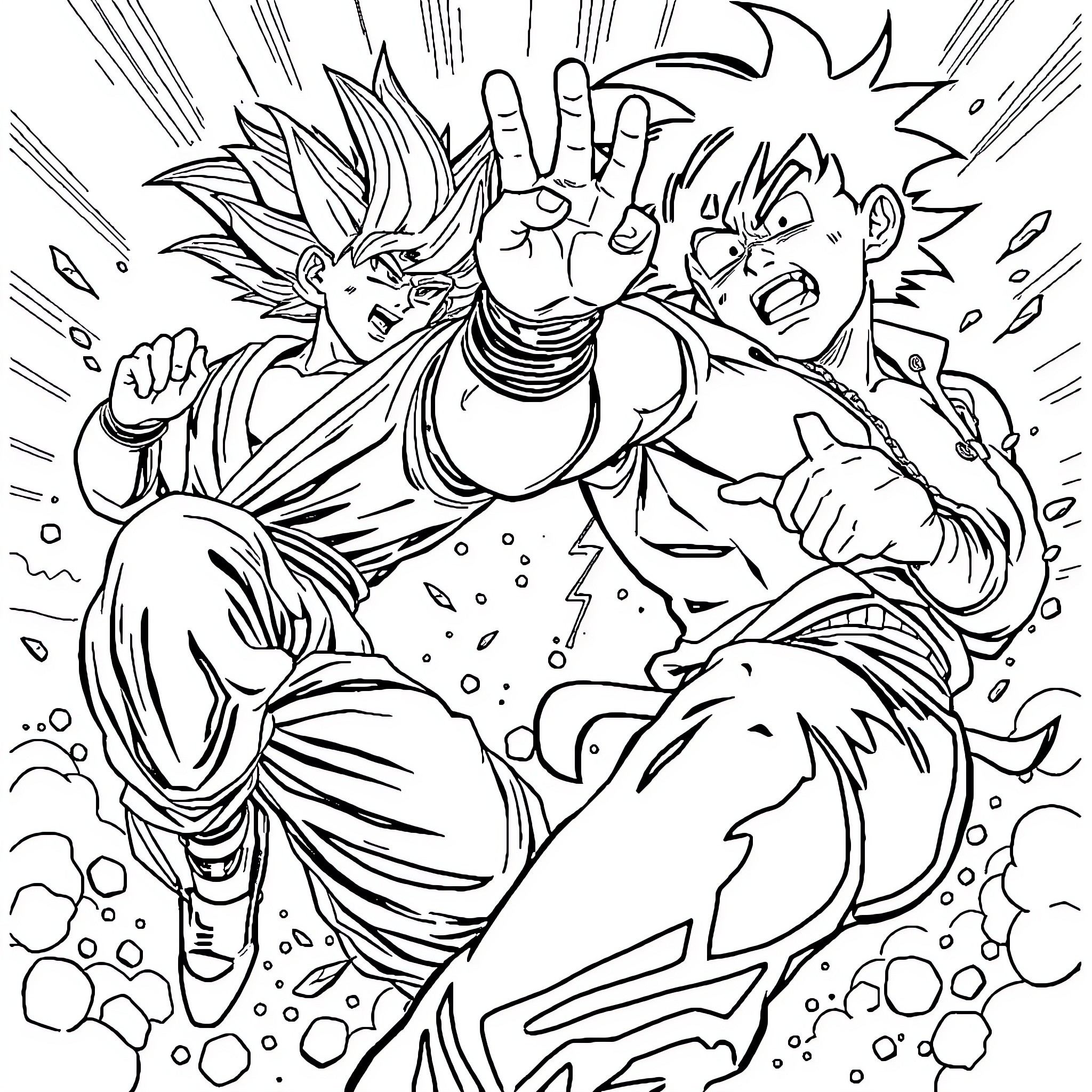 Son Goku battling with intense expressions Coloring Page (free black-and-white line drawing printable PDF for all, from beginners to advanced learners, including children, teens, adults, and seniors)