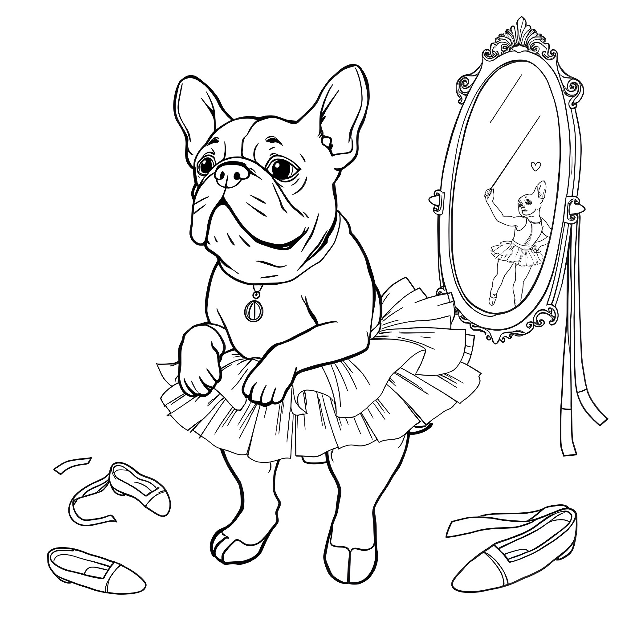 Bulldog ballerina admiring herself in the mirror Coloring Page (free black-and-white line drawing printable PDF for all, from beginners to advanced learners, including children, teens, adults, and seniors)