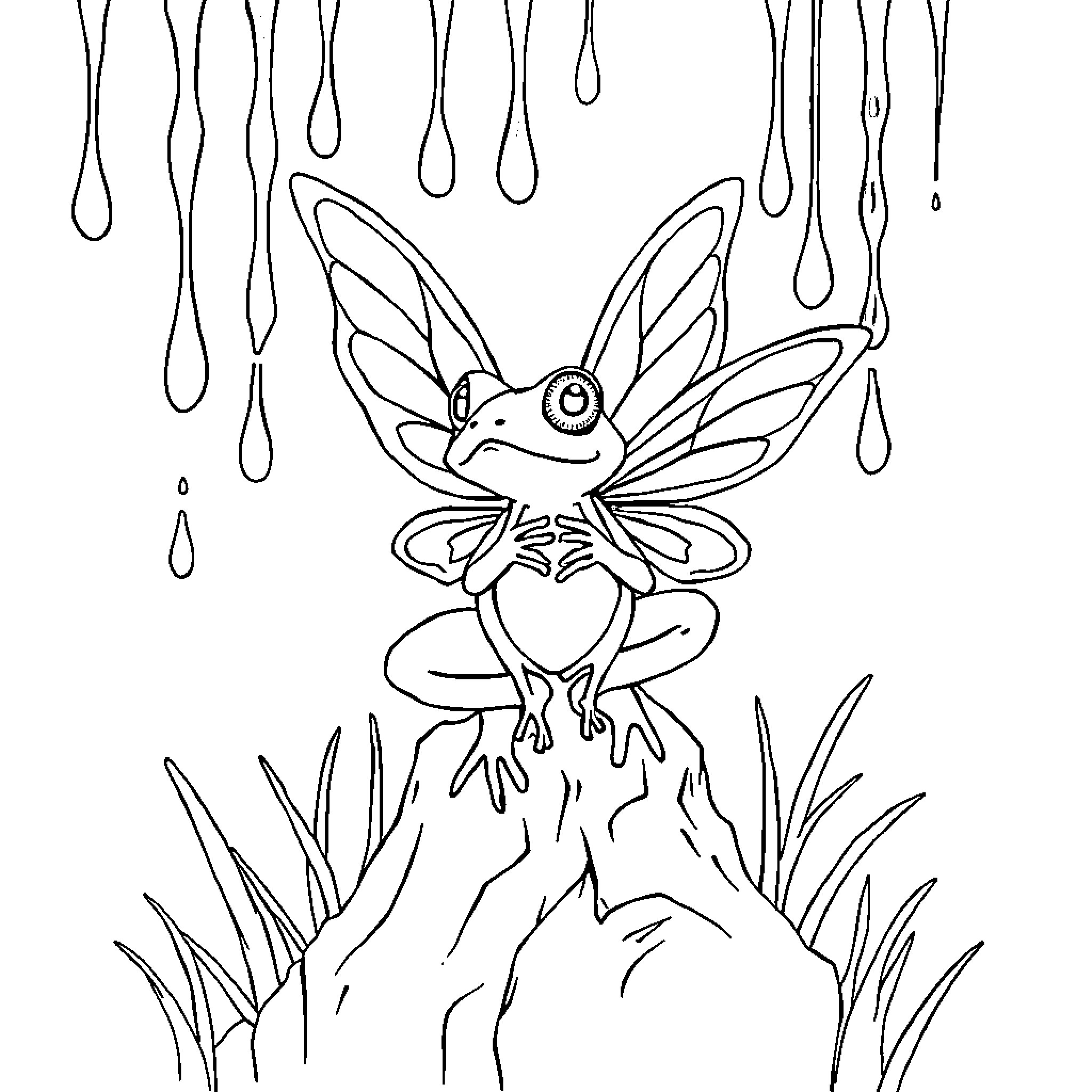 Frog with fairy wings in the rain Coloring Page (free black-and-white line drawing printable PDF for all, from beginners to advanced learners, including children, teens, adults, and seniors)