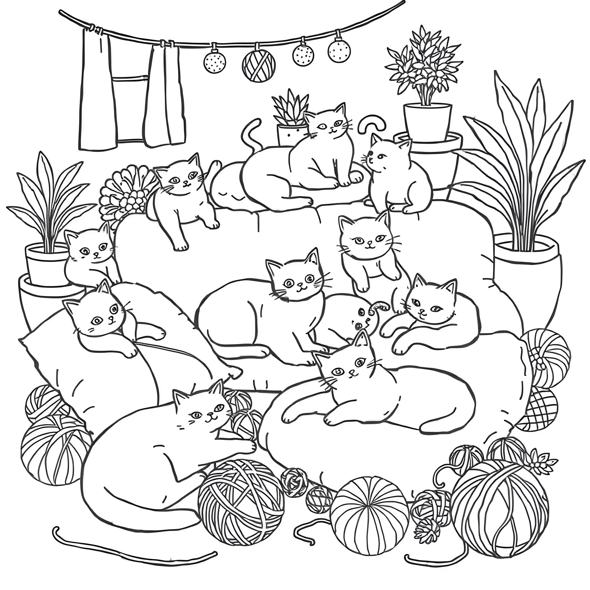Cats in a Cozy Home Coloring Page (free black-and-white line drawing printable PDF for all, from beginners to advanced learners, including children, teens, adults, and seniors)