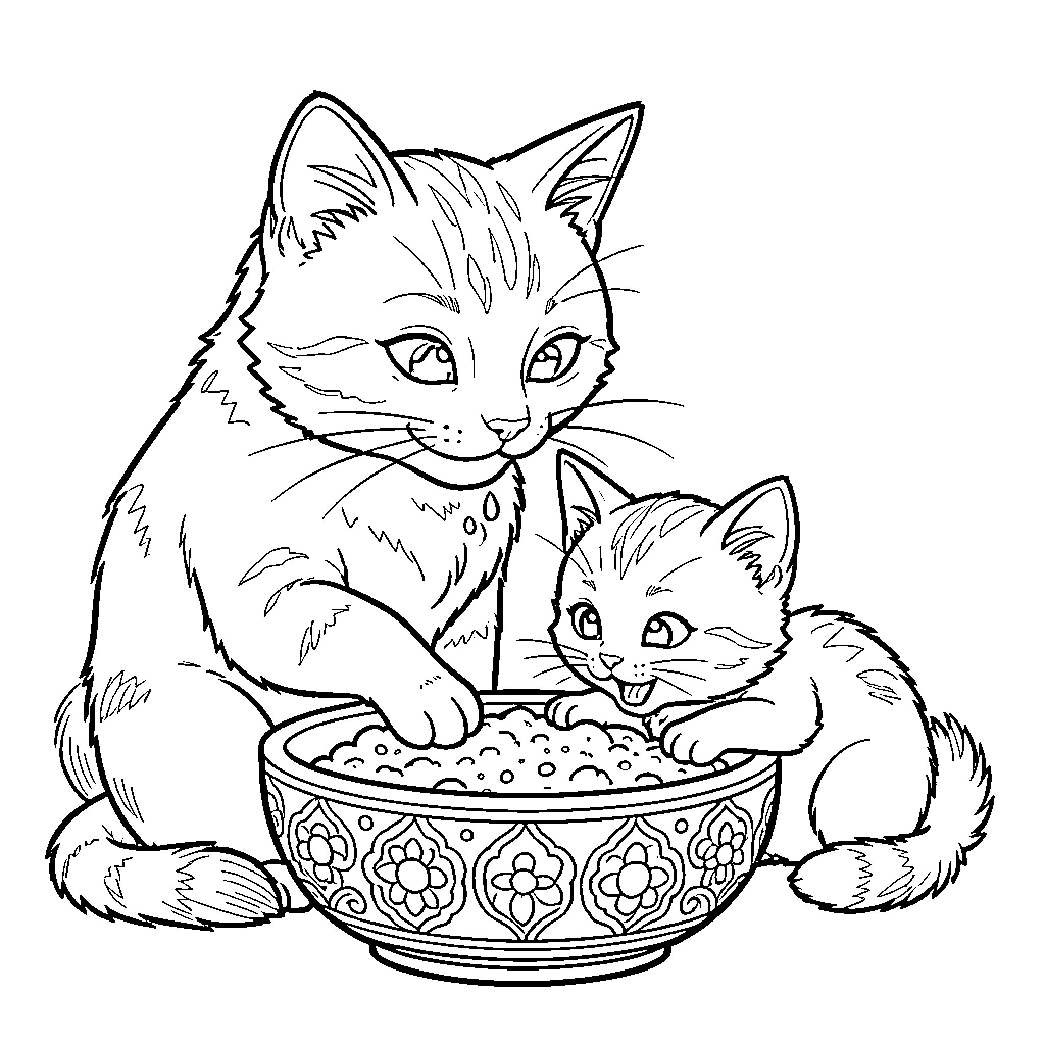 Cat and Kittens Eating From Bowl Coloring Page (free black-and-white line drawing printable PDF for all, from beginners to advanced learners, including children, teens, adults, and seniors)