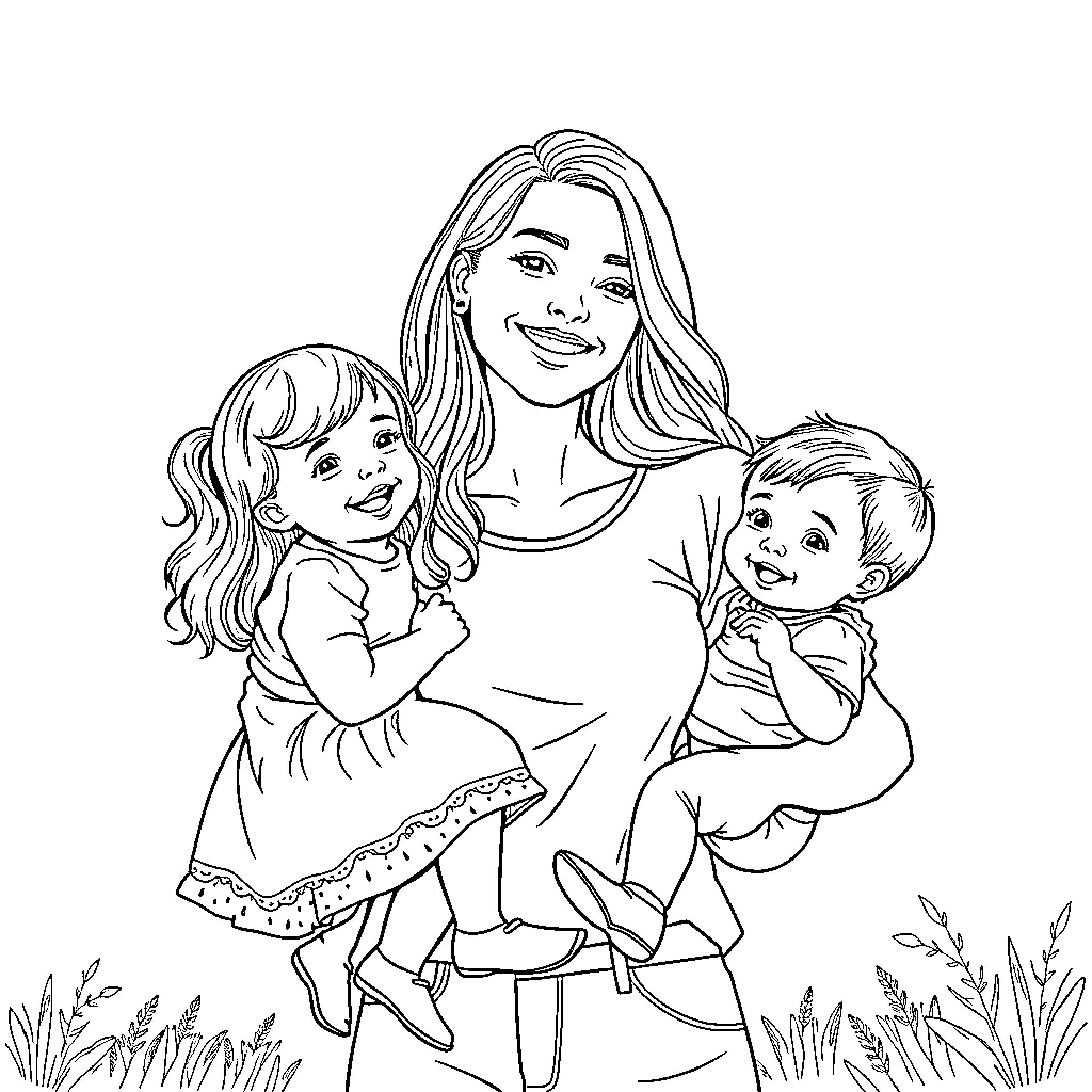 Mom's Tender Embrace with Her Little Ones Coloring Page (free black-and-white line drawing printable PDF for all, from beginners to advanced learners, including children, teens, adults, and seniors)