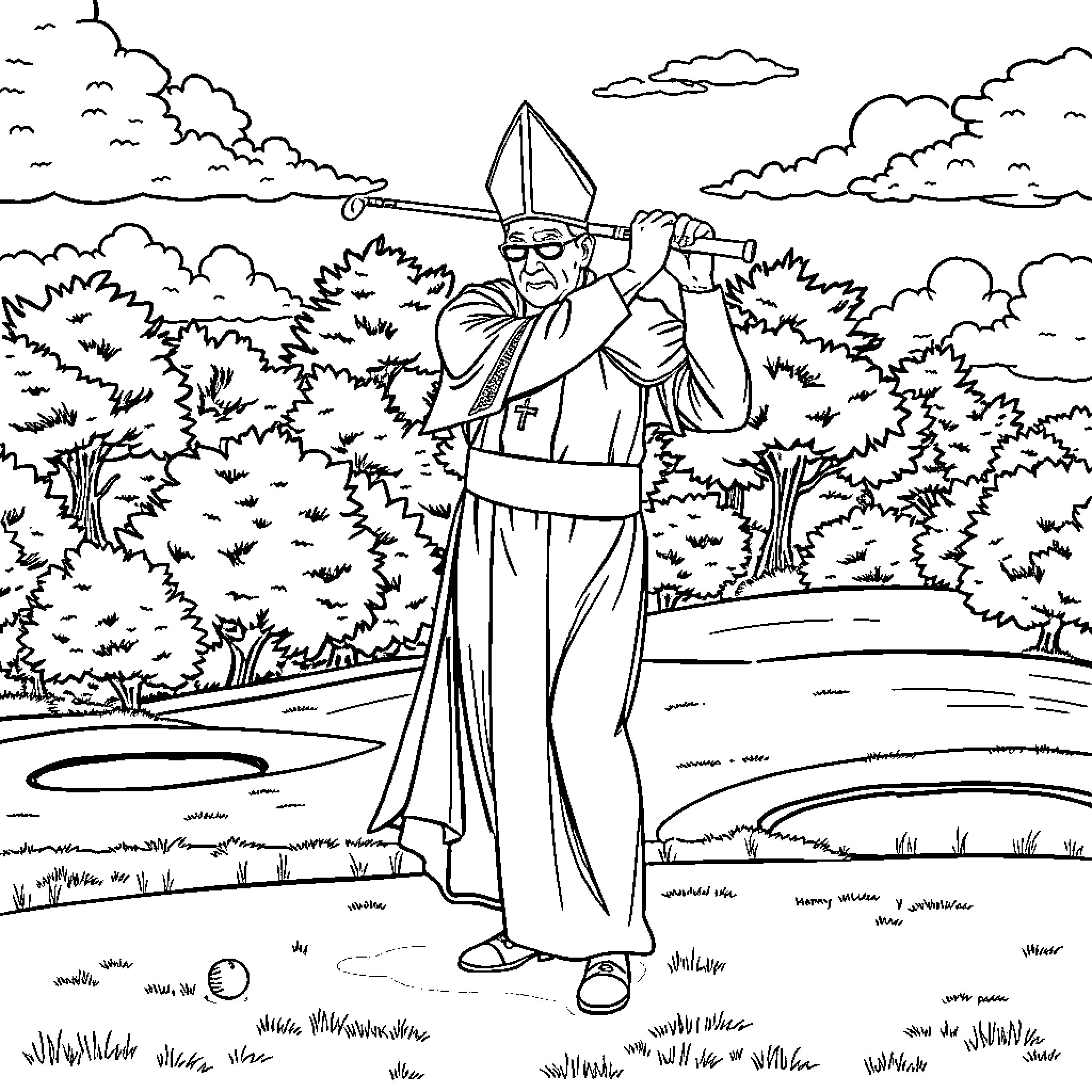 Papa Emeritus IV exploring the serene wilderness Coloring Page (free black-and-white line drawing printable PDF for all, from beginners to advanced learners, including children, teens, adults, and seniors)