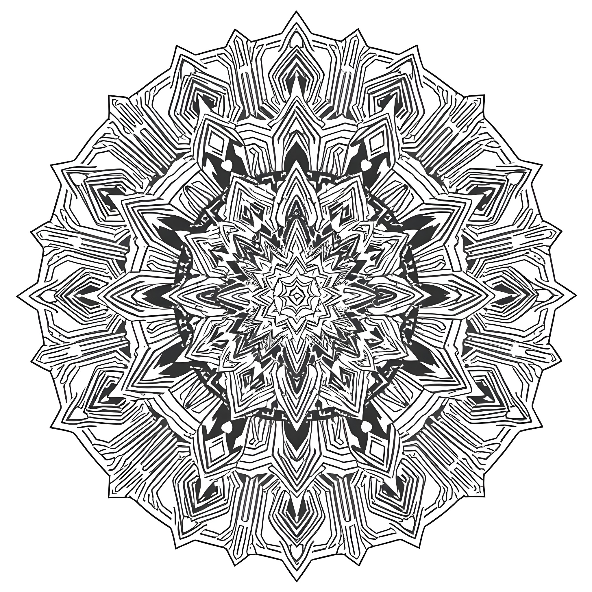 Mandala with intricate symmetrical patterns Coloring Page (free black-and-white line drawing printable PDF for all, from beginners to advanced learners, including children, teens, adults, and seniors)