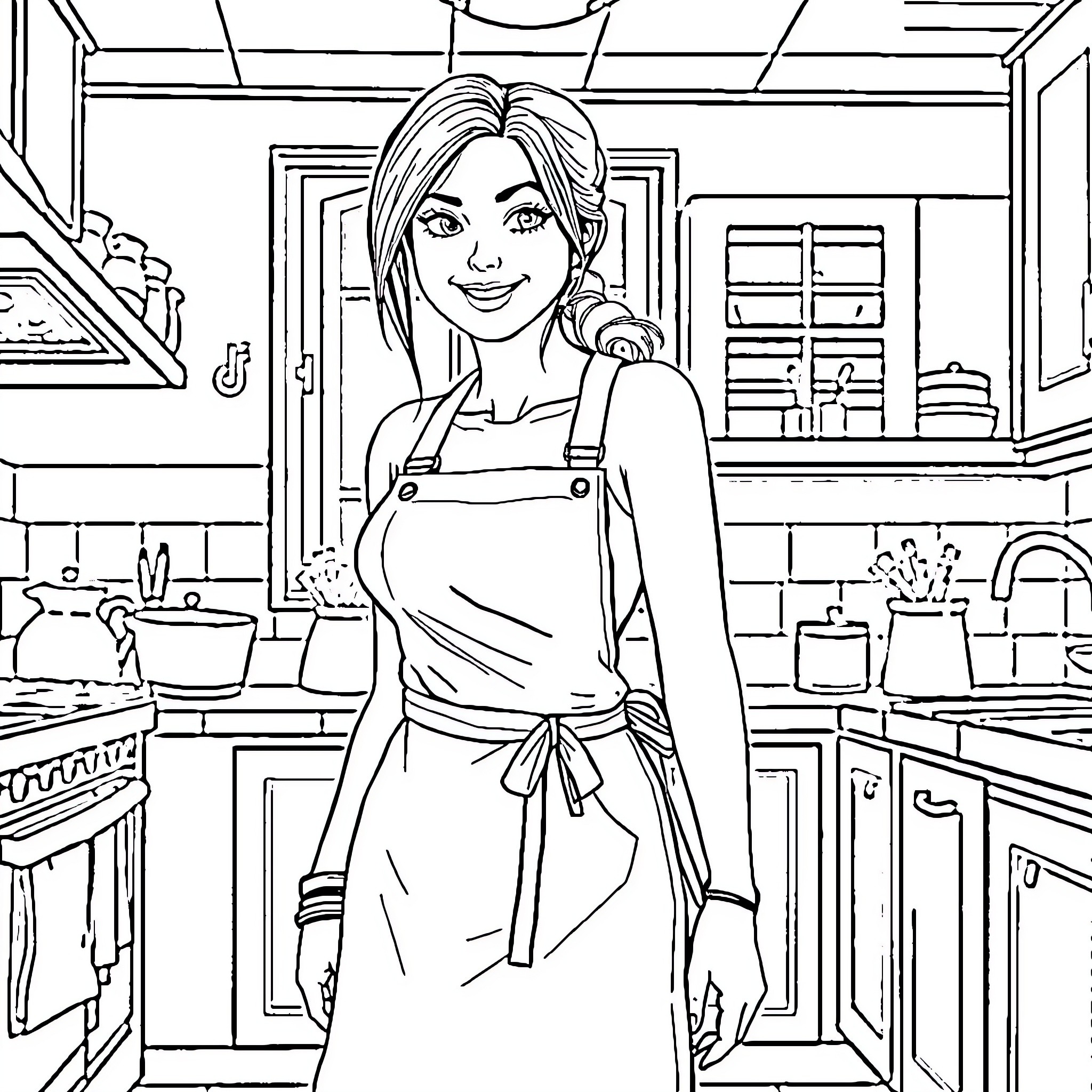 Lara Croft in a Cozy Kitchen Setting Coloring Page (free black-and-white line drawing printable PDF for all, from beginners to advanced learners, including children, teens, adults, and seniors)