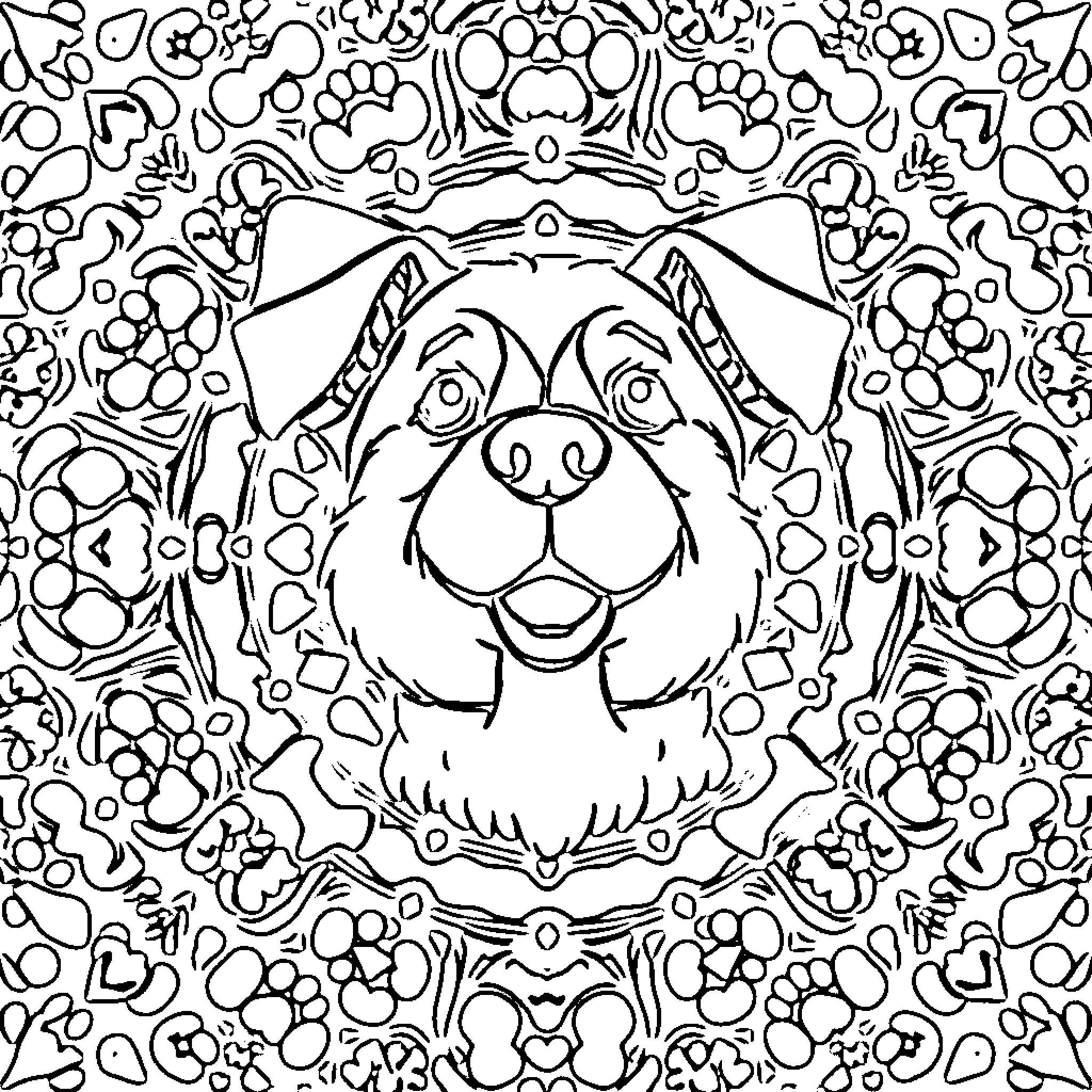 Dog surrounded by playful paw prints Coloring Page (free black-and-white line drawing printable PDF for all, from beginners to advanced learners, including children, teens, adults, and seniors)