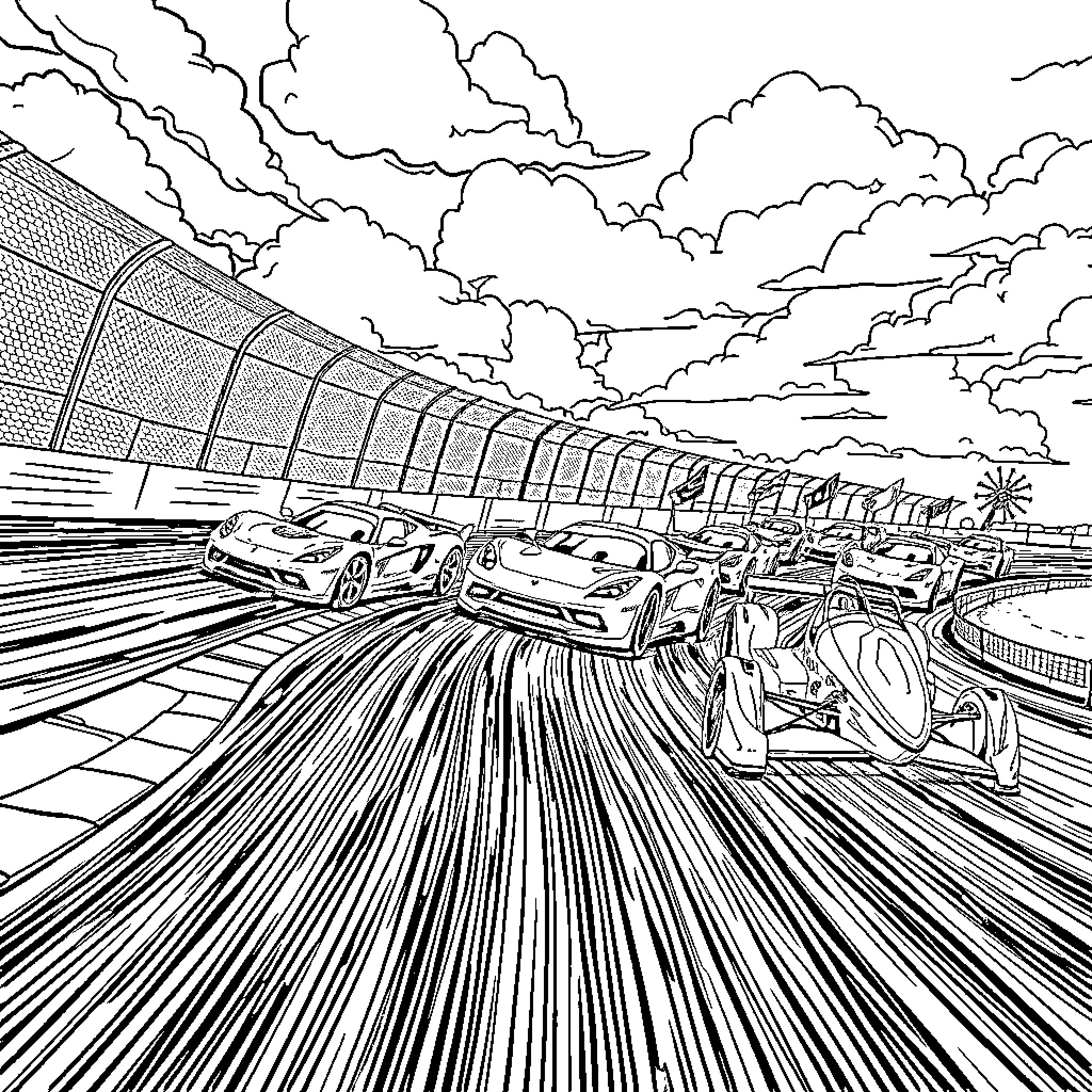 Race of Futuristic Vehicles on Speedway Coloring Page (free black-and-white line drawing printable PDF for all, from beginners to advanced learners, including children, teens, adults, and seniors)