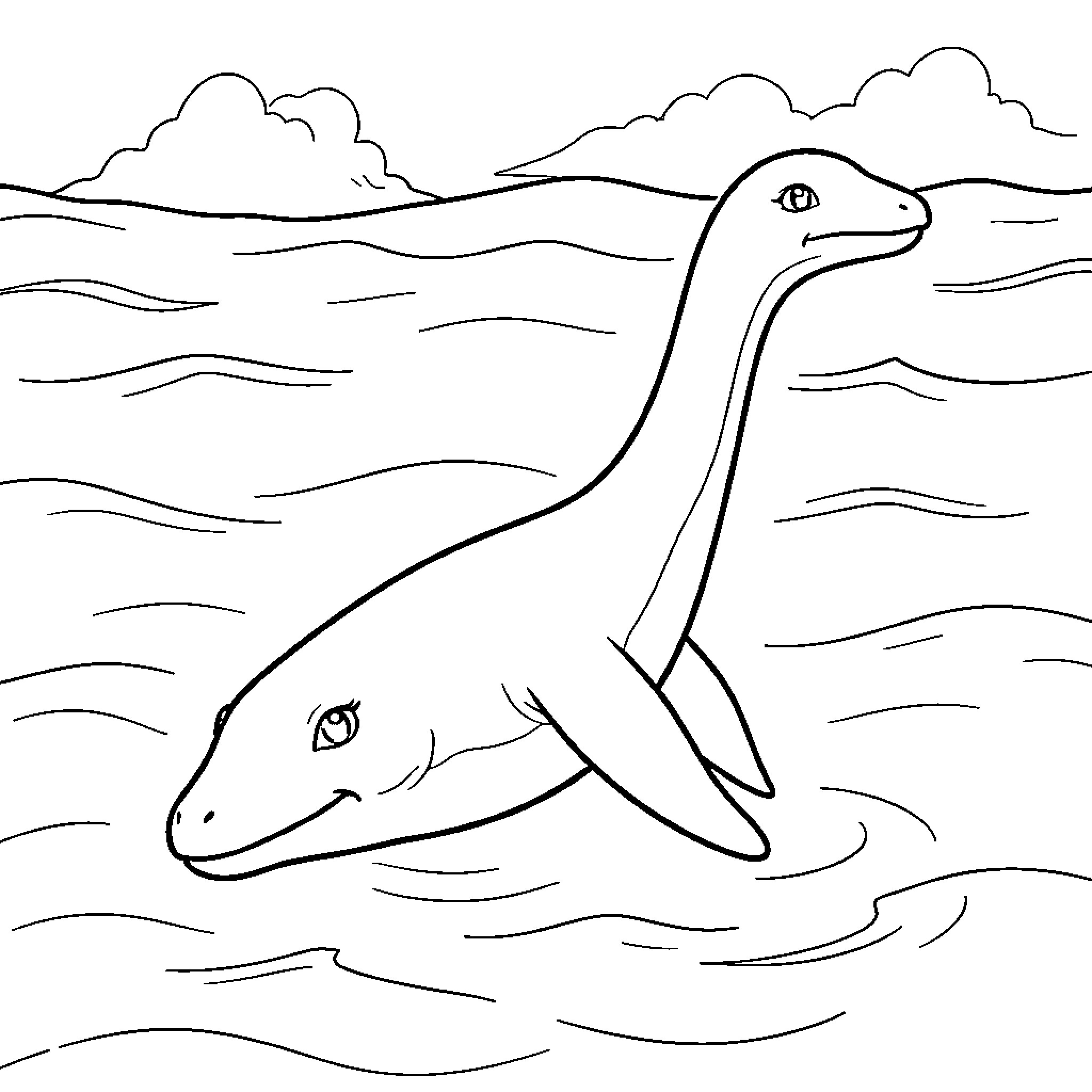 Plesiosaur swimming peacefully through ocean waves Coloring Page (free black-and-white line drawing printable PDF for all, from beginners to advanced learners, including children, teens, adults, and seniors)