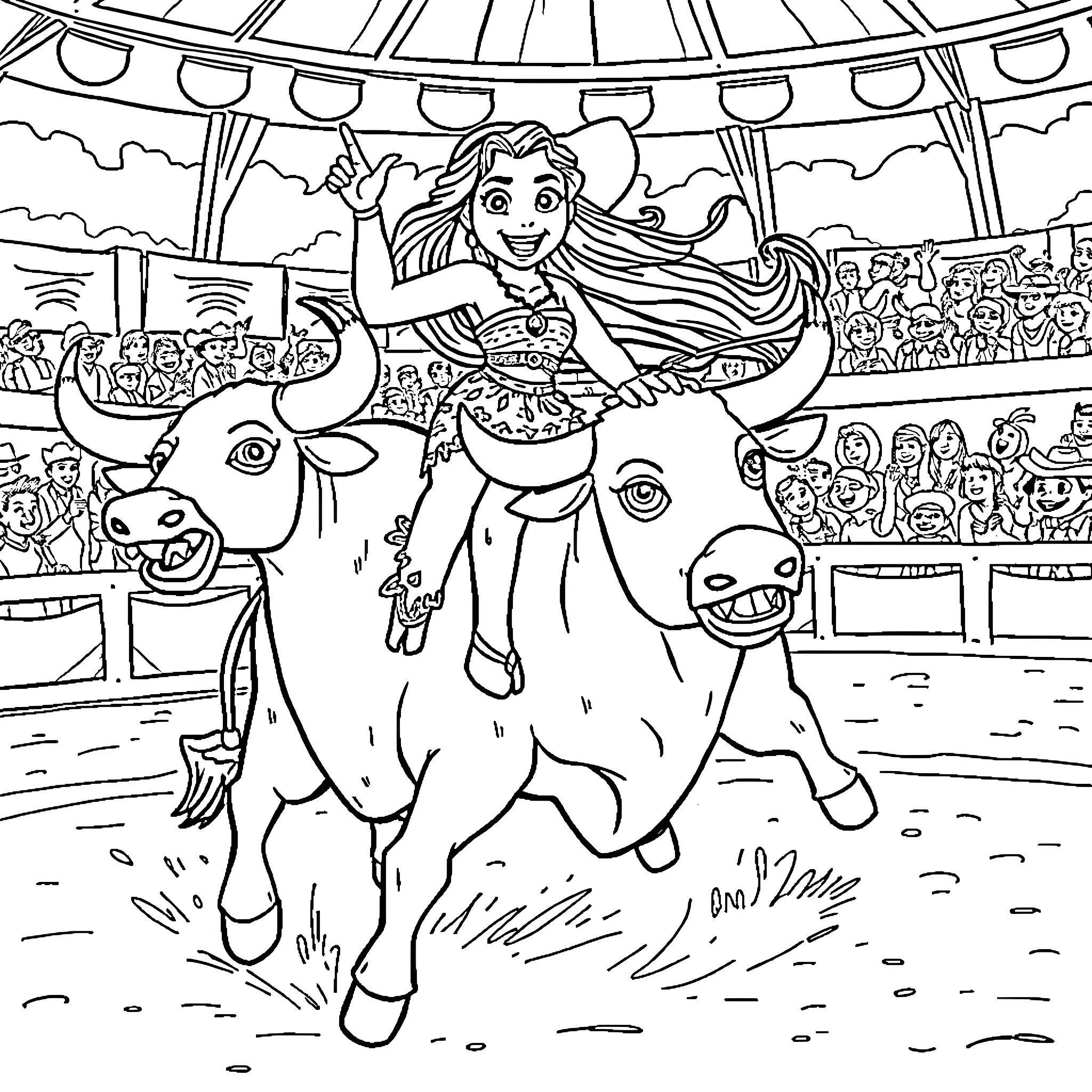 Moana riding a bull in a circus arena Coloring Page (free black-and-white line drawing printable PDF for all, from beginners to advanced learners, including children, teens, adults, and seniors)