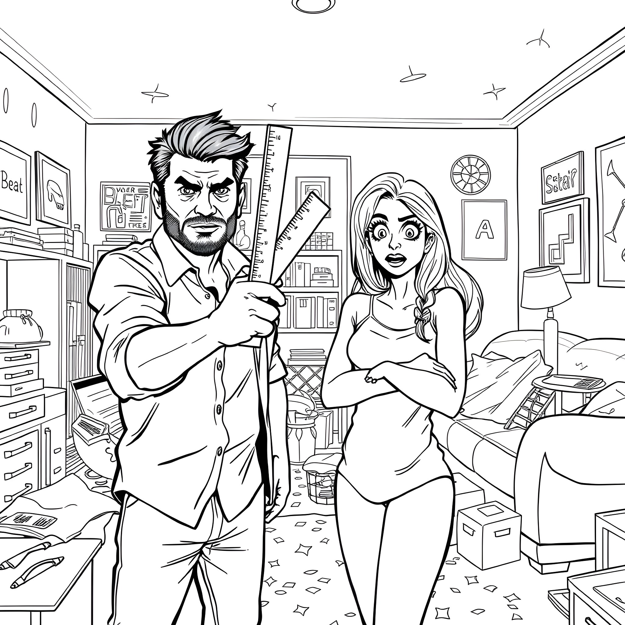 Husband and wife in cluttered home office Coloring Page (free black-and-white line drawing printable PDF for all, from beginners to advanced learners, including children, teens, adults, and seniors)