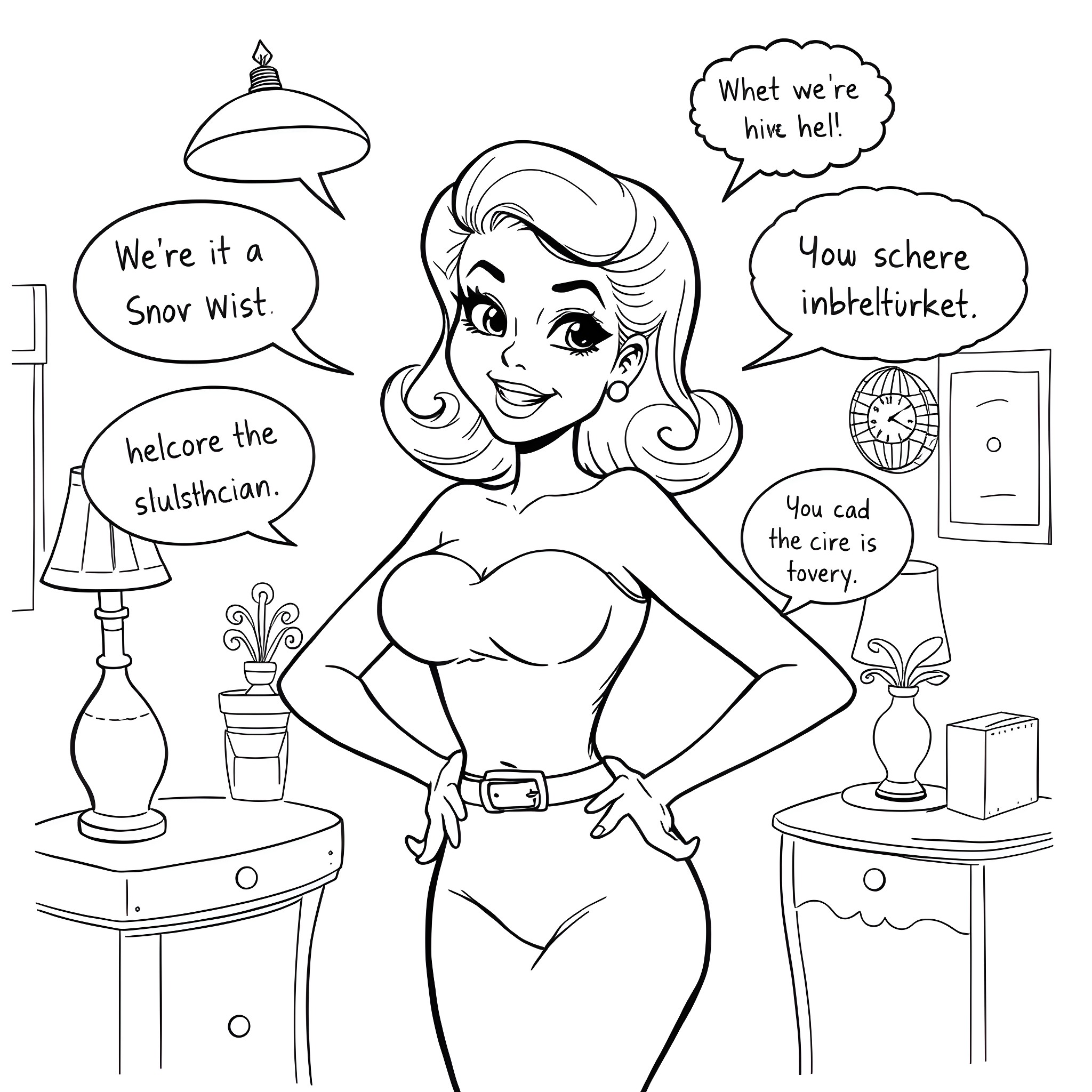 Pin Up Girl in Playful Conversation Coloring Page (free black-and-white line drawing printable PDF for all, from beginners to advanced learners, including children, teens, adults, and seniors)