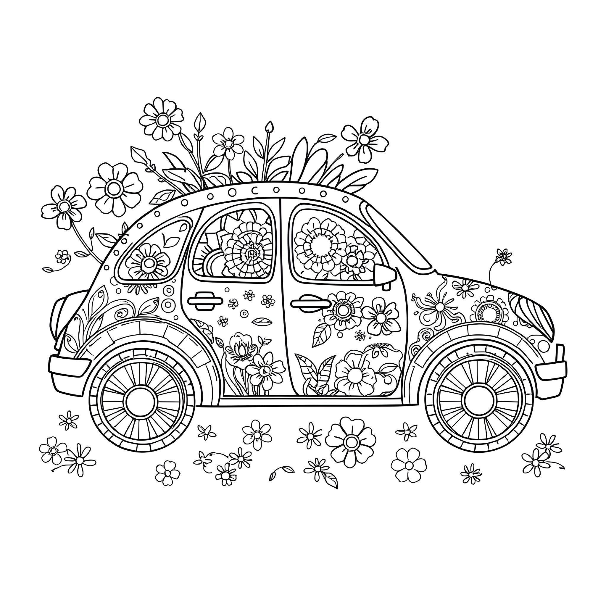 Car decorated with floral patterns Coloring Page (free black-and-white line drawing printable PDF for all, from beginners to advanced learners, including children, teens, adults, and seniors)