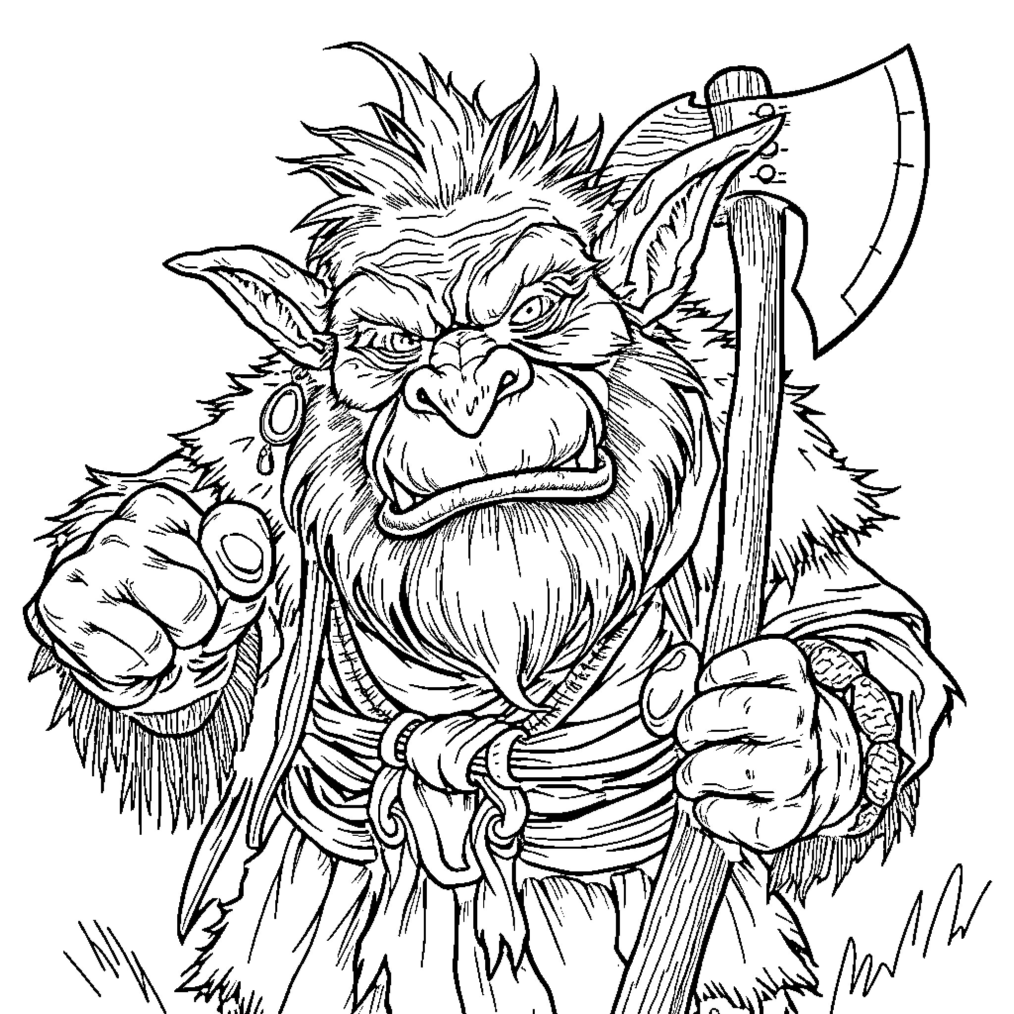 Troll warrior wielding a menacing axe Coloring Page (free black-and-white line drawing printable PDF for all, from beginners to advanced learners, including children, teens, adults, and seniors)