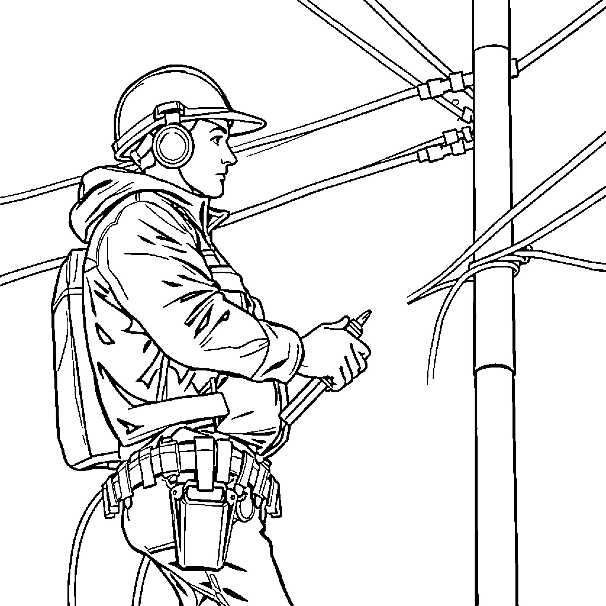 Electrician working on power lines Coloring Page (free black-and-white line drawing printable PDF for all, from beginners to advanced learners, including children, teens, adults, and seniors)