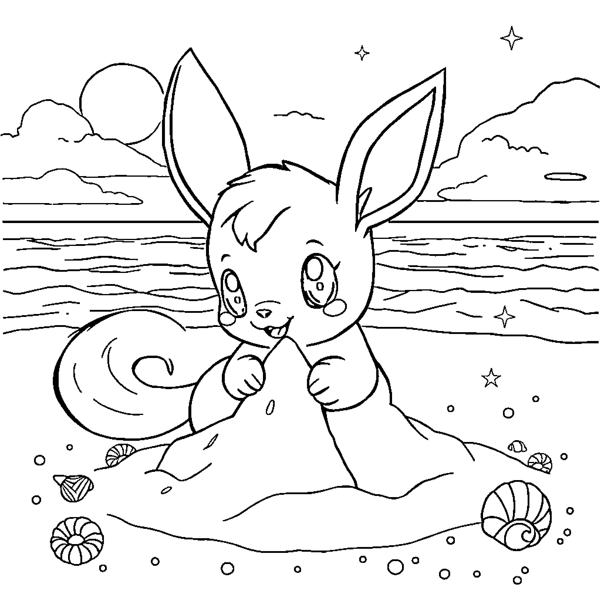 Eevee playing by the seashore Coloring Page (free black-and-white line drawing printable PDF for all, from beginners to advanced learners, including children, teens, adults, and seniors)