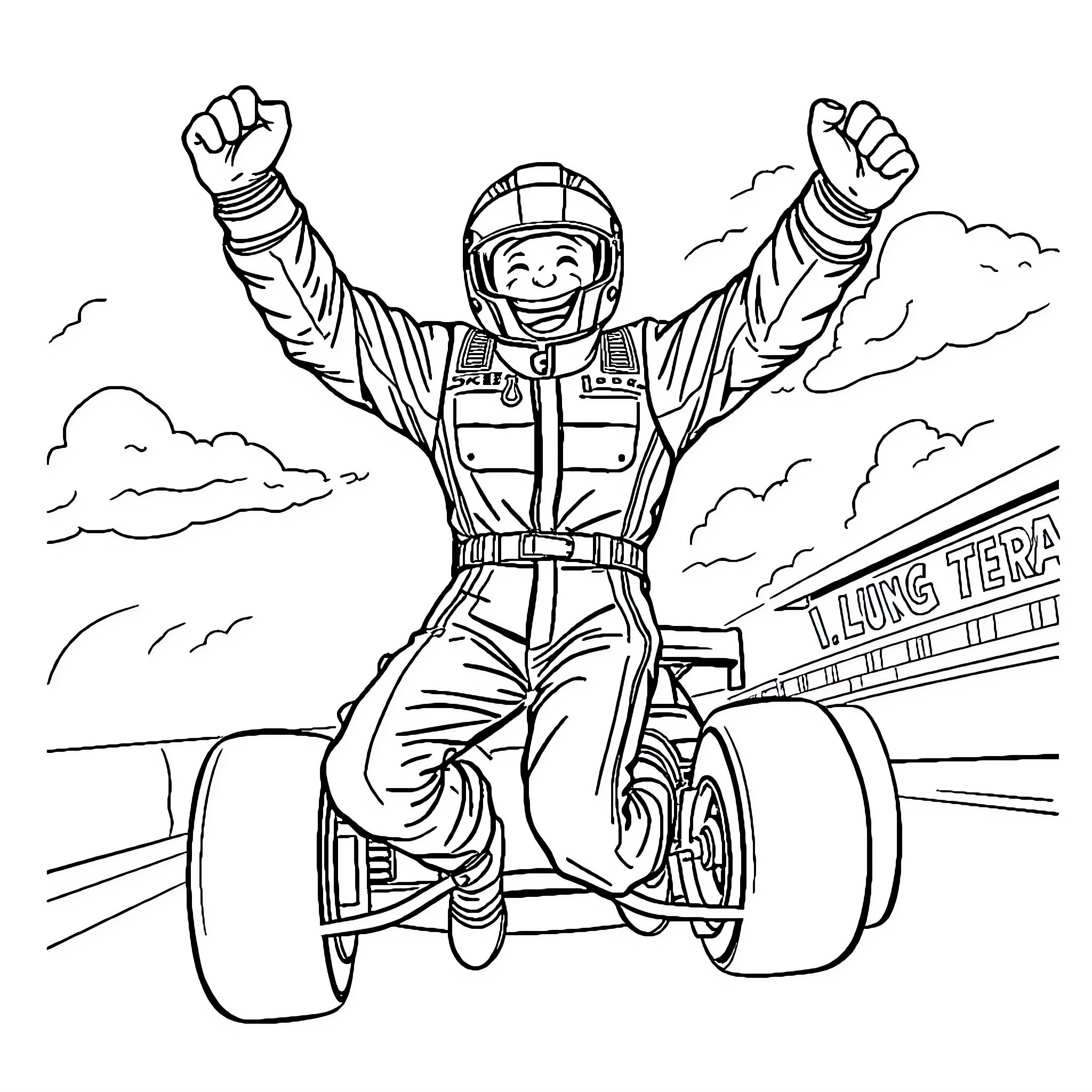 Race Car Driver Celebrating Victory on the Track Coloring Page (free black-and-white line drawing printable PDF for all, from beginners to advanced learners, including children, teens, adults, and seniors)