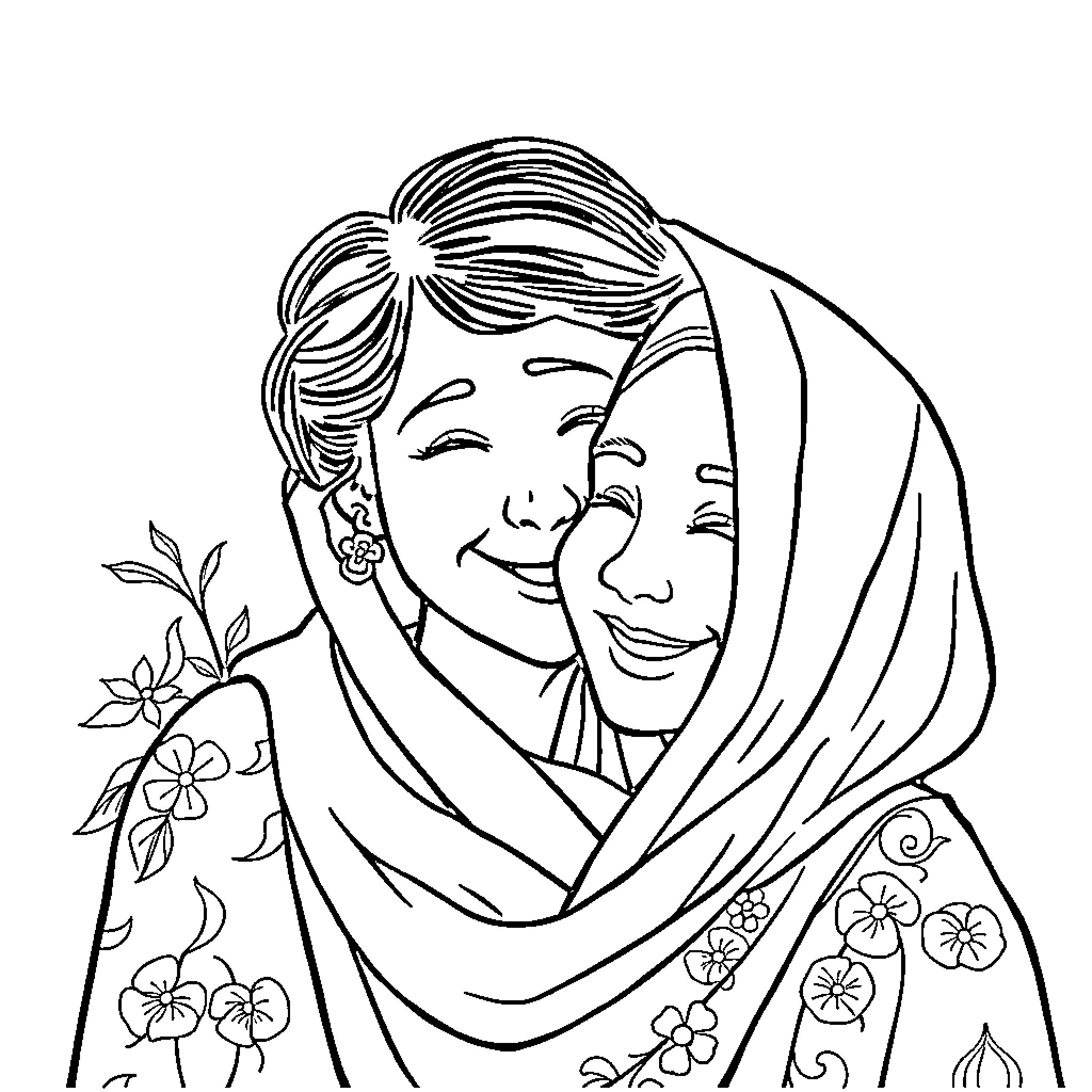 Mom and Child Sharing a Tender Moment Coloring Page (free black-and-white line drawing printable PDF for all, from beginners to advanced learners, including children, teens, adults, and seniors)
