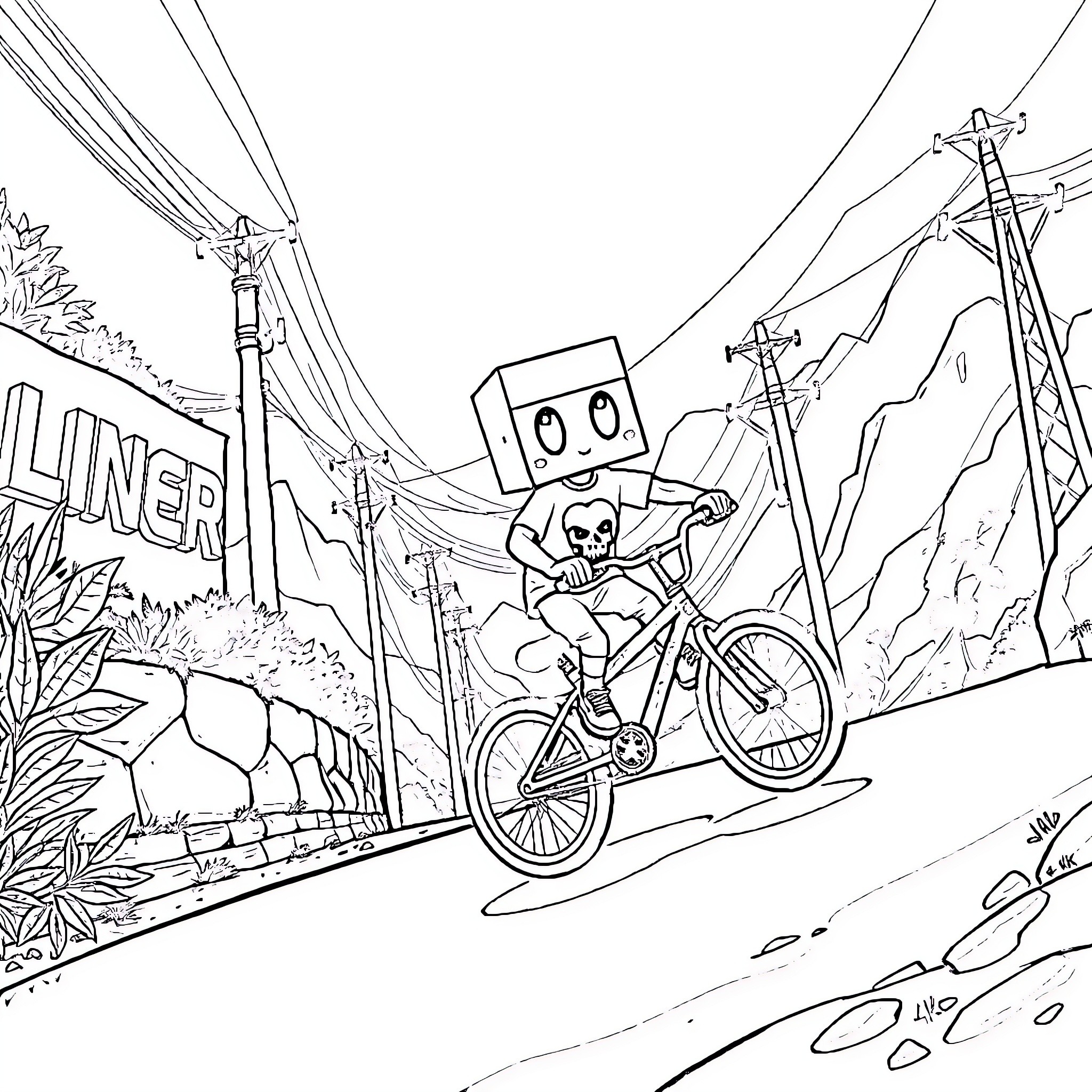 Box-Head Character Riding Bicycle on Mountainous Road Coloring Page (free black-and-white line drawing printable PDF for all, from beginners to advanced learners, including children, teens, adults, and seniors)