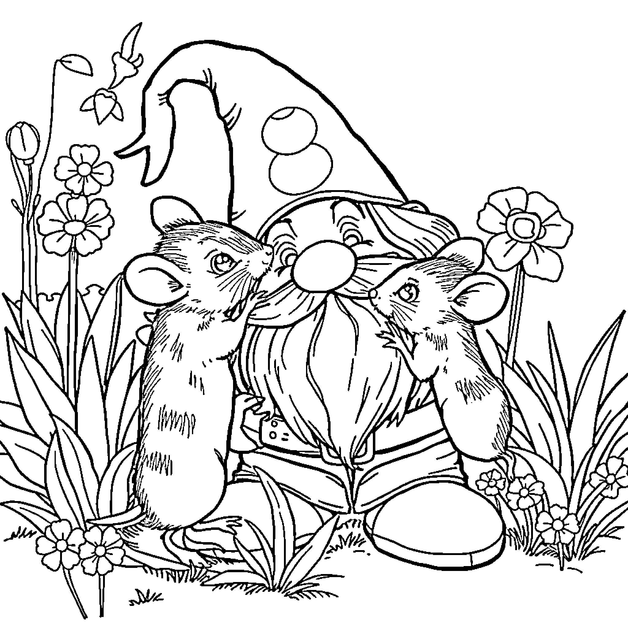 Mouse gnomes enjoying spring flowers in the garden Coloring Page (free black-and-white line drawing printable PDF for all, from beginners to advanced learners, including children, teens, adults, and seniors)