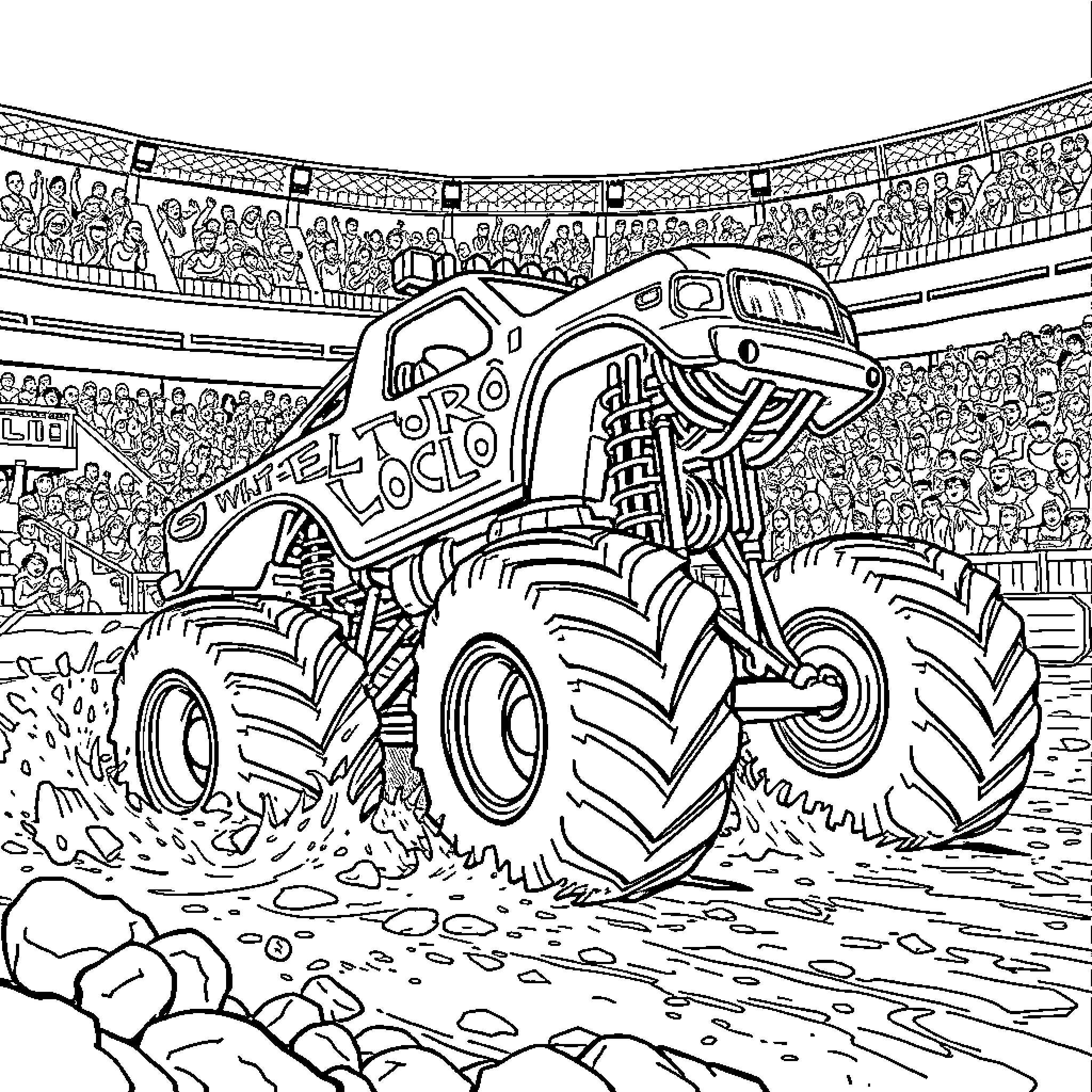 Toro Monster Truck Racing in the Arena Coloring Page (free black-and-white line drawing printable PDF for all, from beginners to advanced learners, including children, teens, adults, and seniors)