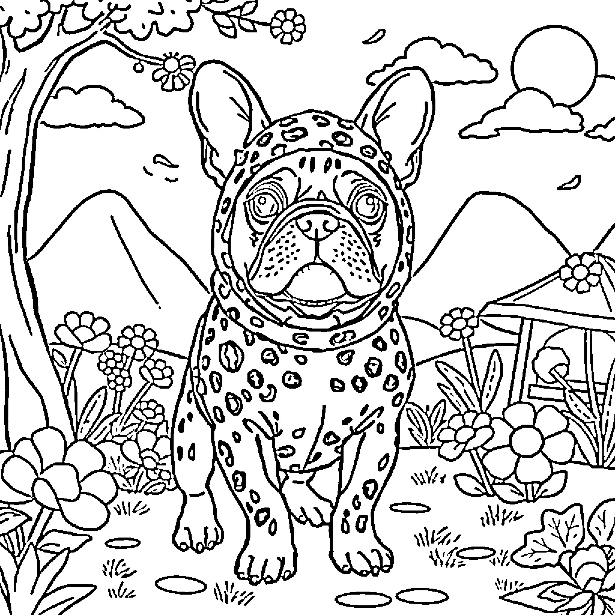 Bulldog playing joyfully in a lush garden Coloring Page (free black-and-white line drawing printable PDF for all, from beginners to advanced learners, including children, teens, adults, and seniors)