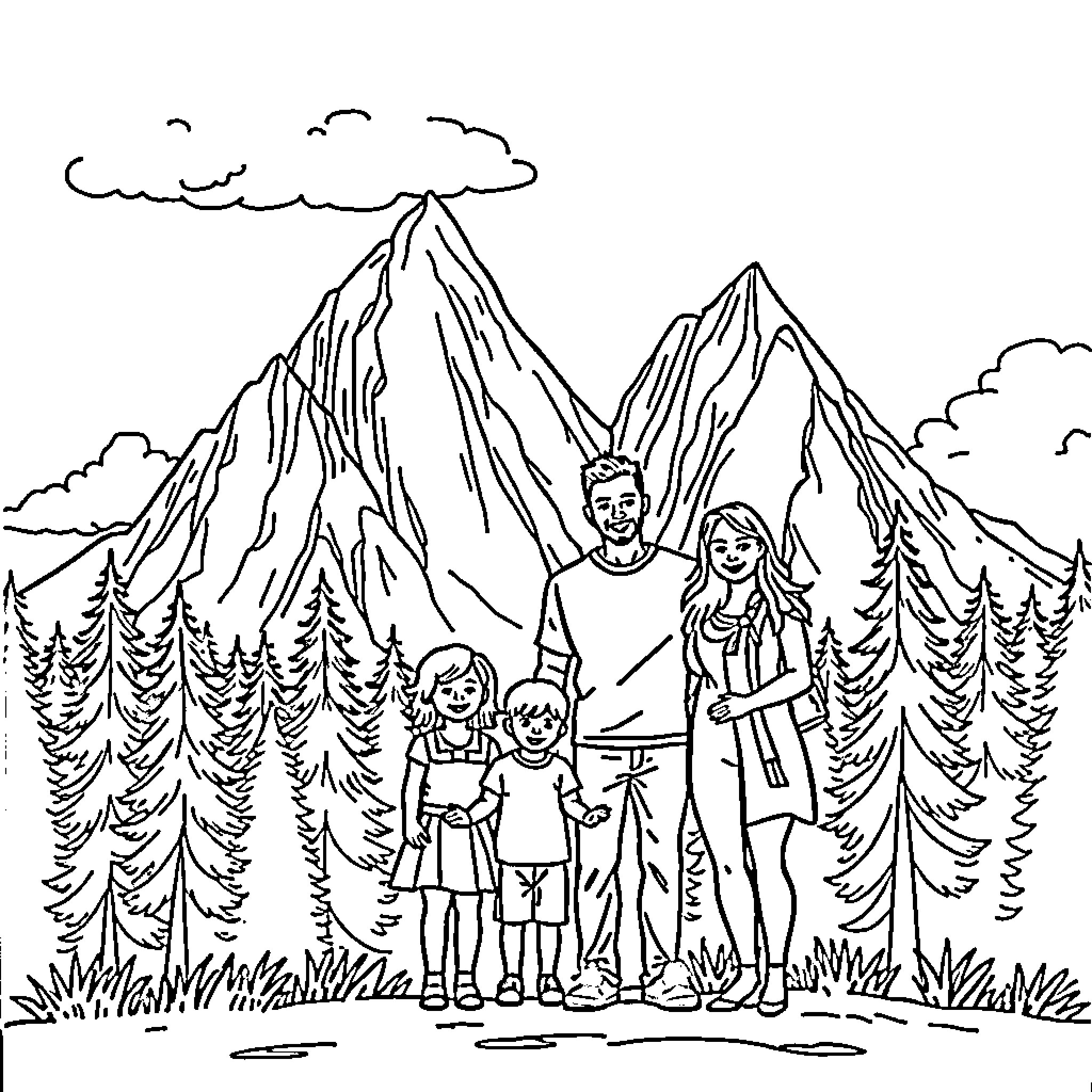 Family hiking in the picturesque mountains Coloring Page (free black-and-white line drawing printable PDF for all, from beginners to advanced learners, including children, teens, adults, and seniors)