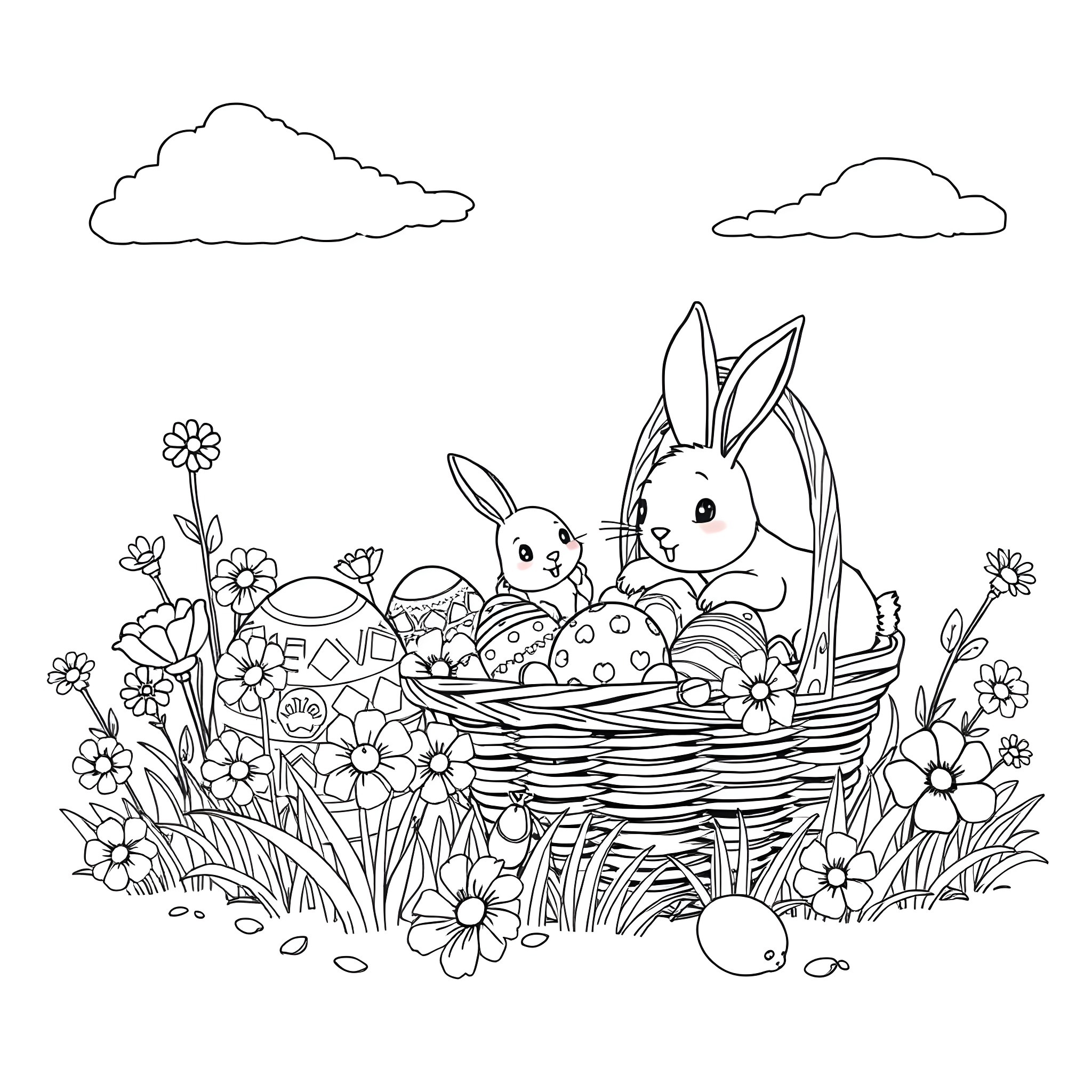 Easter bunnies surrounded by flowers in a basket Coloring Page (free black-and-white line drawing printable PDF for all, from beginners to advanced learners, including children, teens, adults, and seniors)