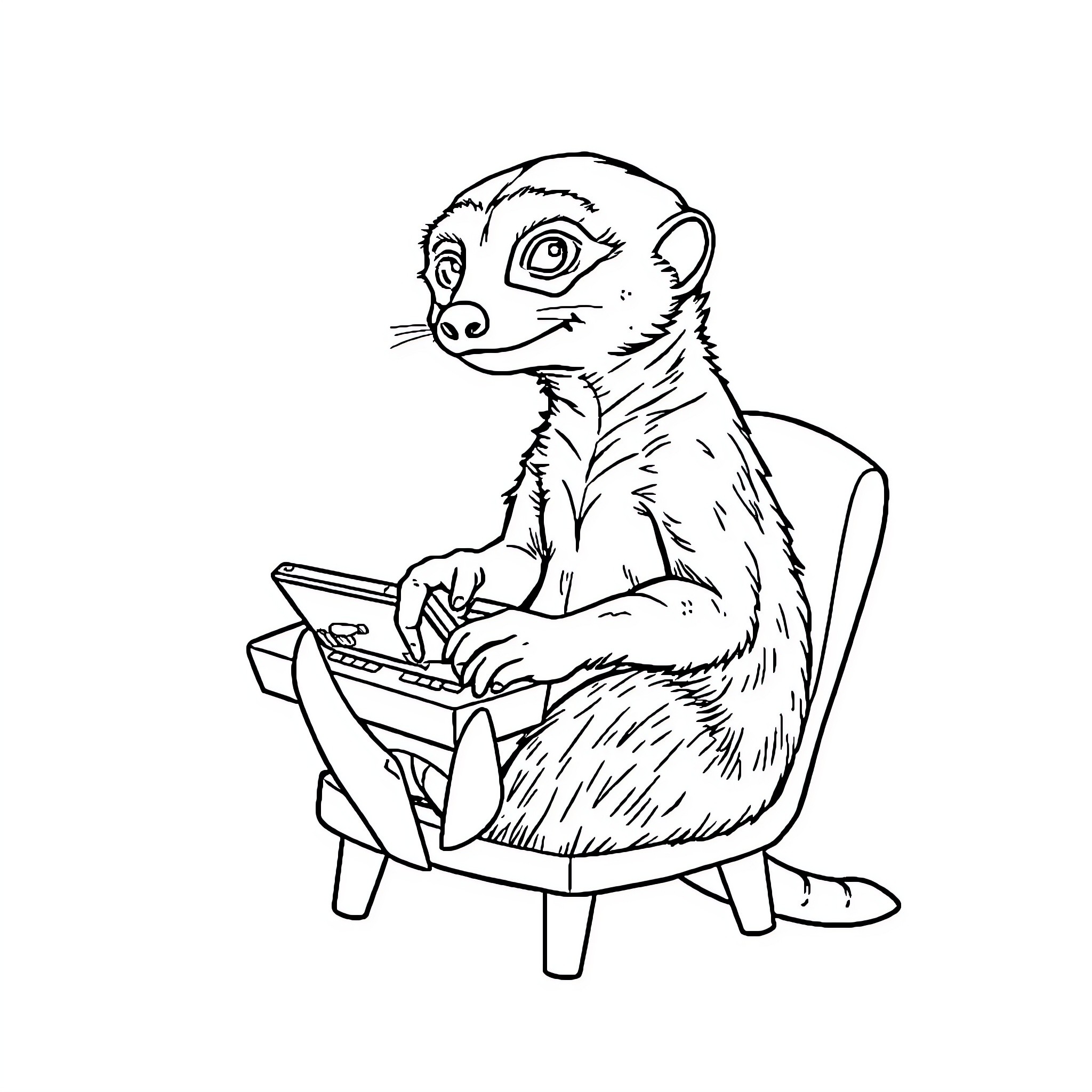 Meerkat using a computer on a chair Coloring Page (free black-and-white line drawing printable PDF for all, from beginners to advanced learners, including children, teens, adults, and seniors)