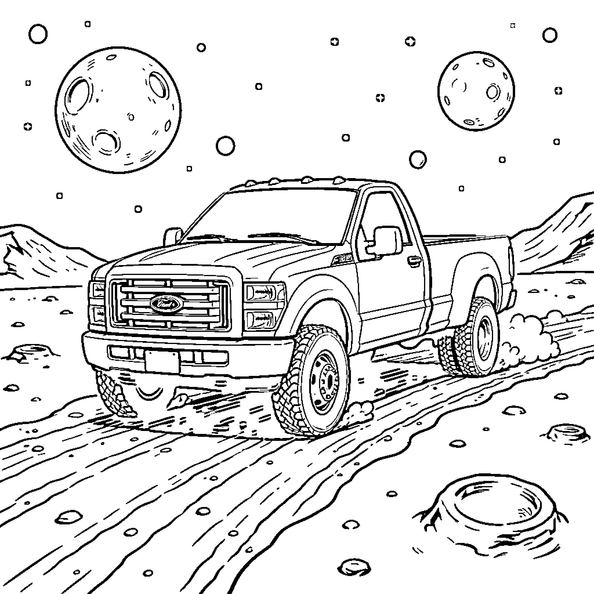 Ford Truck driving across a cratered lunar landscape Coloring Page (free black-and-white line drawing printable PDF for all, from beginners to advanced learners, including children, teens, adults, and seniors)
