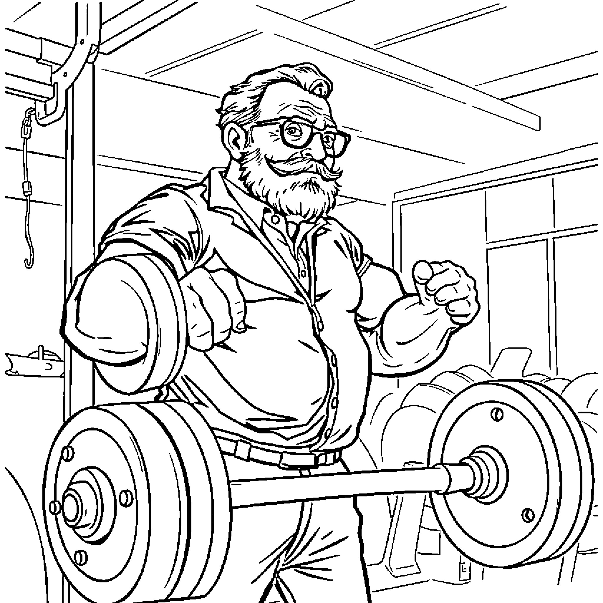 Dallas Willard lifting weights in a home gym Coloring Page (free black-and-white line drawing printable PDF for all, from beginners to advanced learners, including children, teens, adults, and seniors)