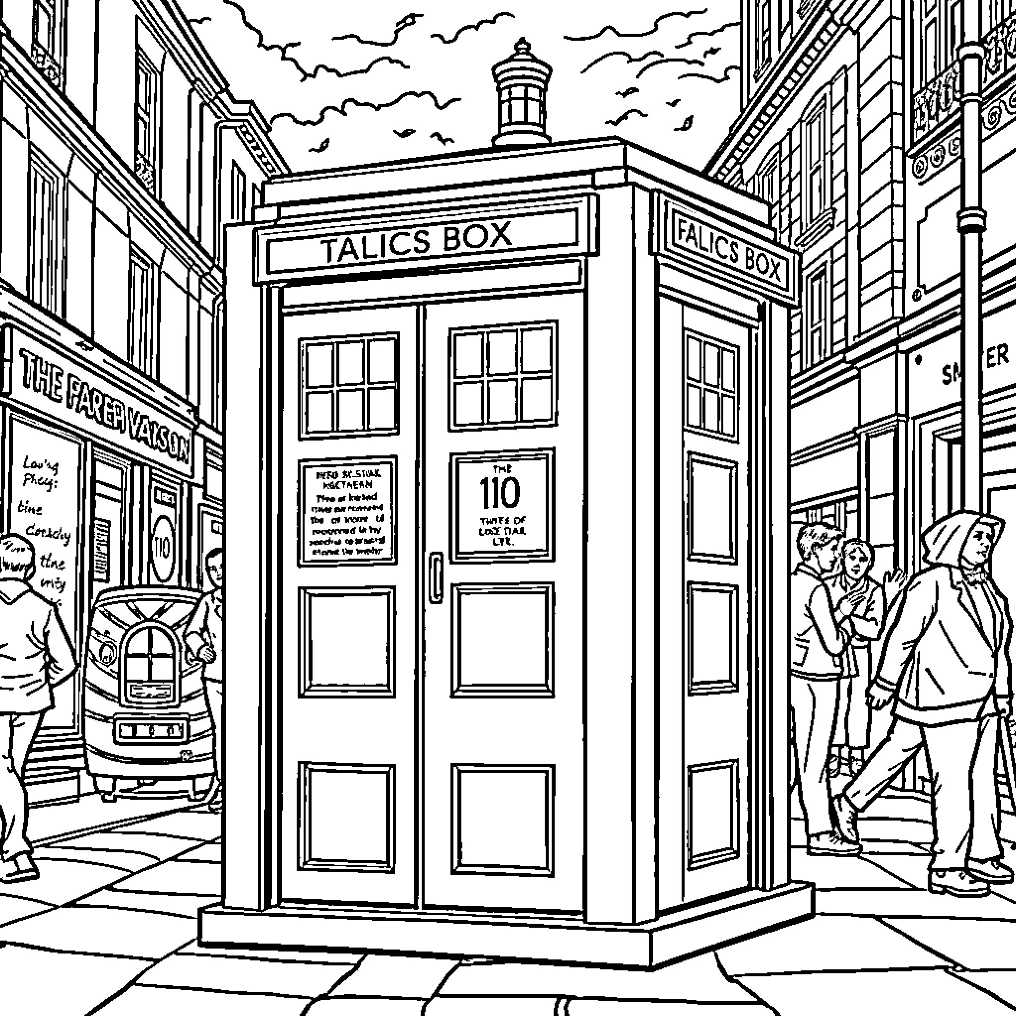 TARDIS in a bustling city street Coloring Page (free black-and-white line drawing printable PDF for all, from beginners to advanced learners, including children, teens, adults, and seniors)