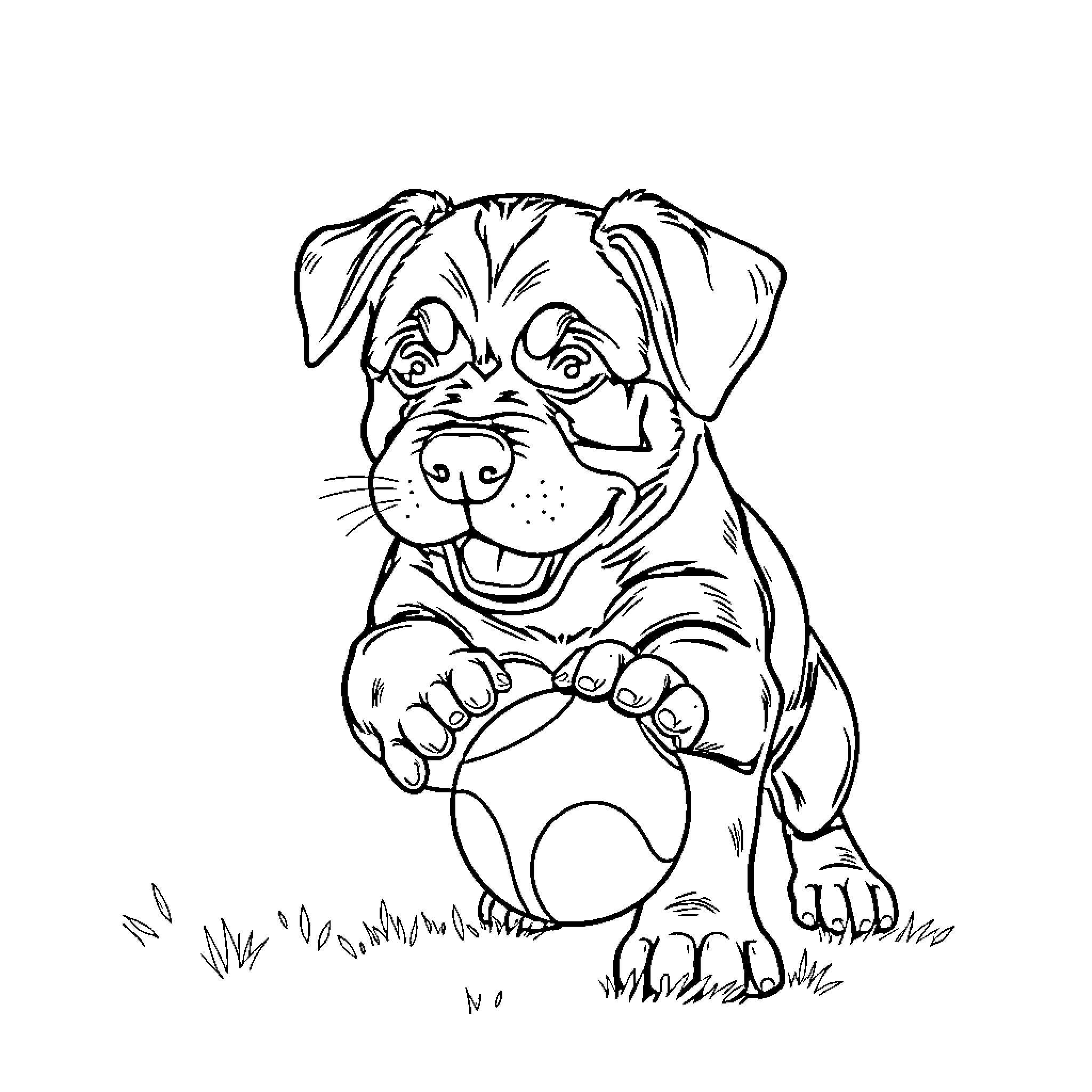 Rottweiler playing happily in the grass Coloring Page (free black-and-white line drawing printable PDF for all, from beginners to advanced learners, including children, teens, adults, and seniors)