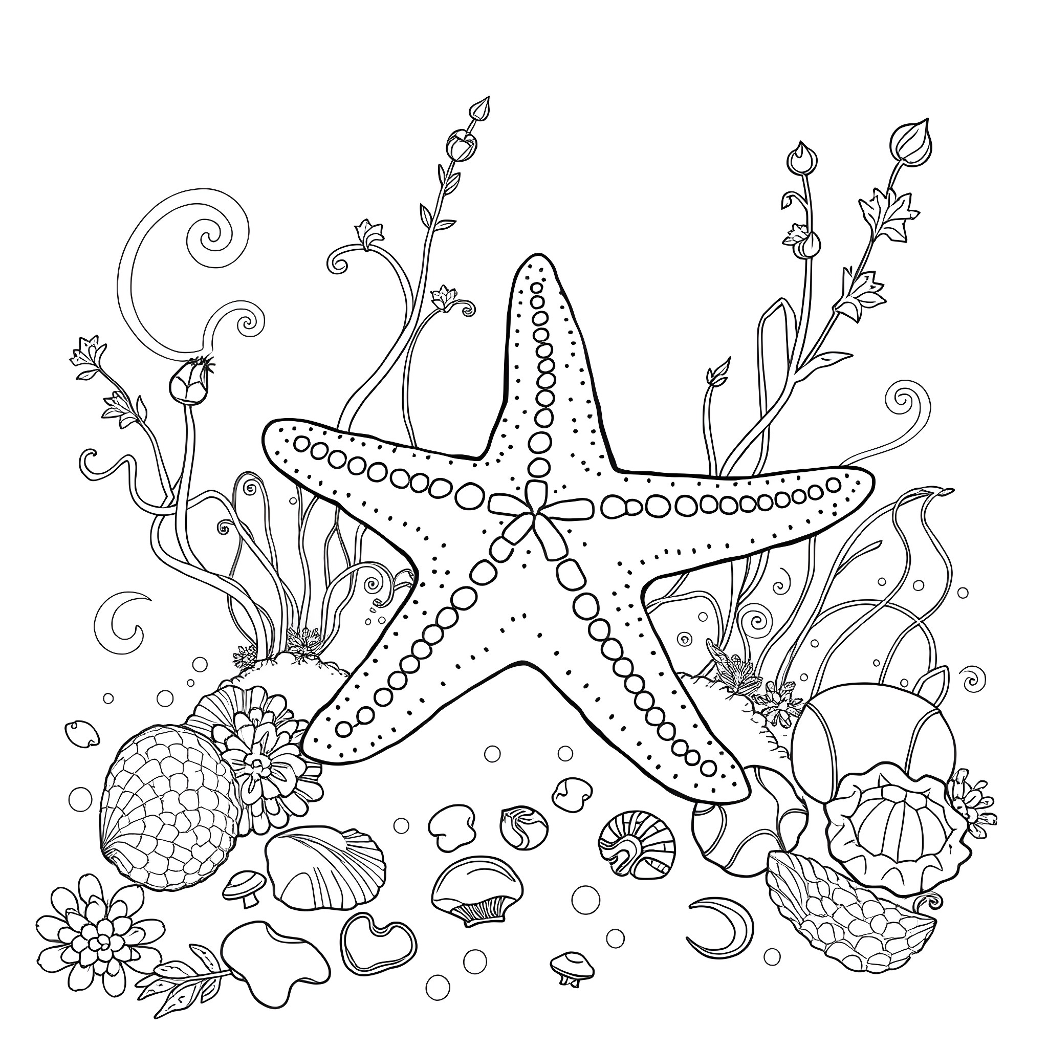 Starfish surrounded by underwater marine plants and shells Coloring Page (free black-and-white line drawing printable PDF for all, from beginners to advanced learners, including children, teens, adults, and seniors)